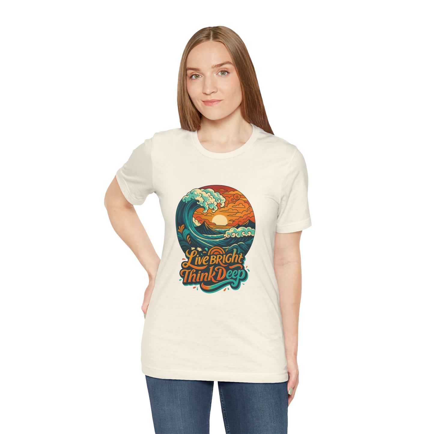 Retro Ocean Wave Sunset T-Shirt, Inspirational Typography Tee, Unisex Graphic Top, Gift for Men & Women, Live Bright Think Deep Shirt