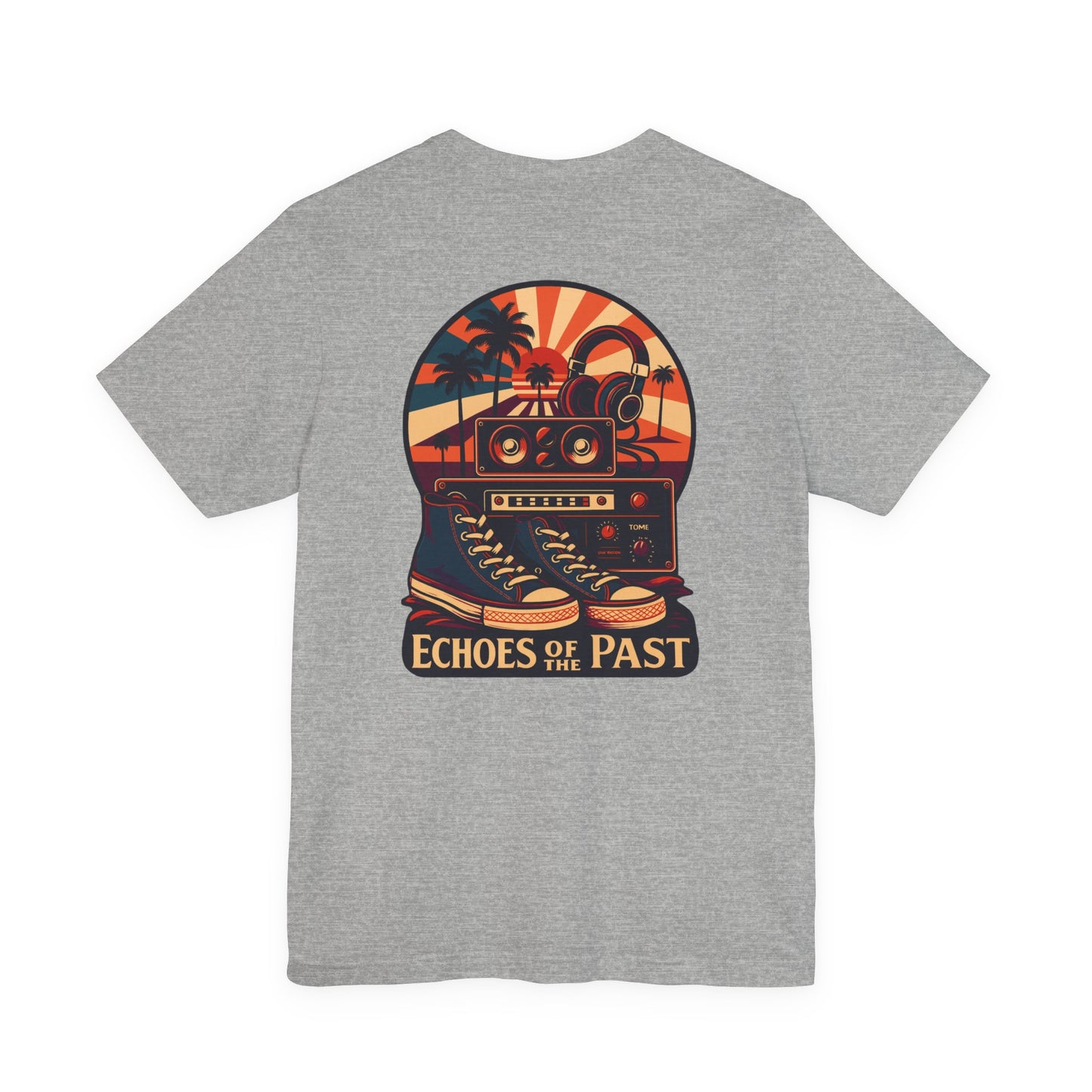 Echoes of the Past Retro Sunset T-Shirt – Bella Canvas 3001 Unisex Vintage 80s Palm Tree Music Graphic Tee