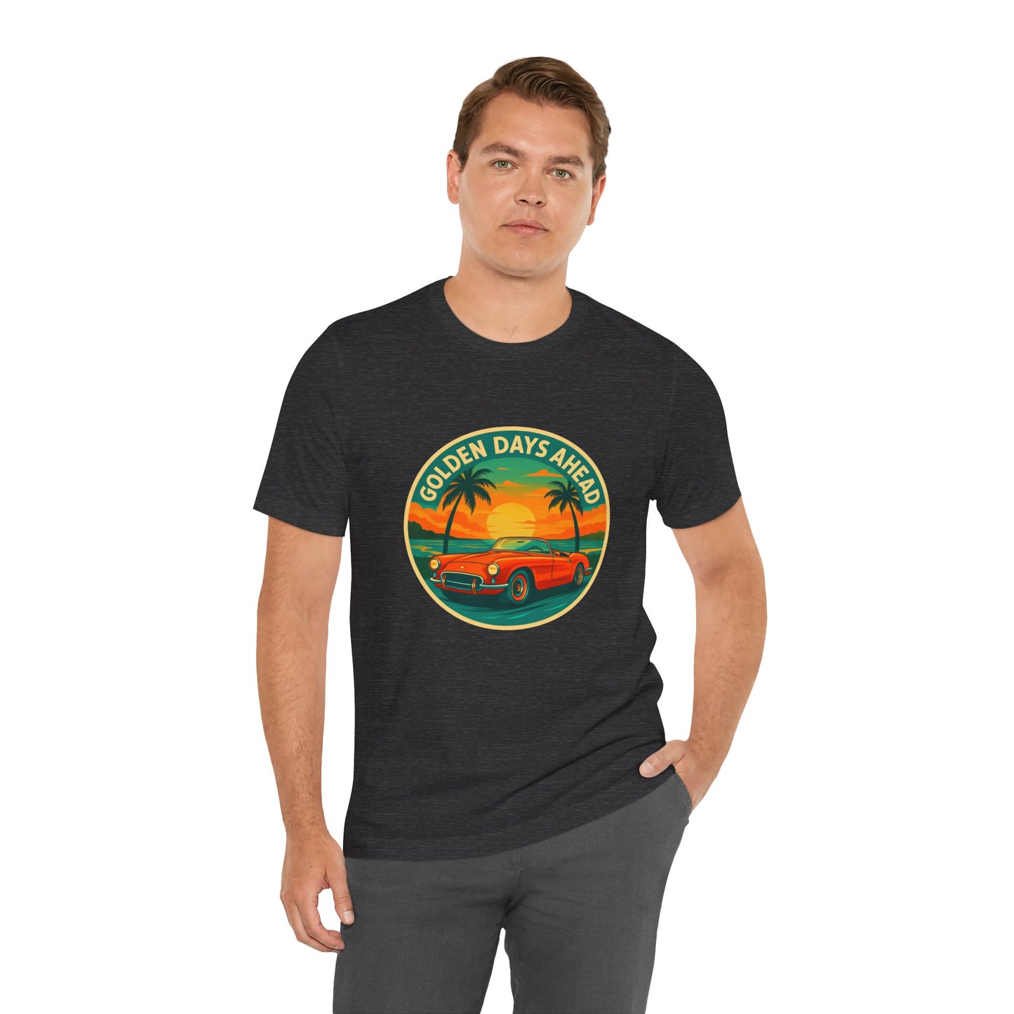 Golden Days Ahead Retro Convertible T-Shirt, Vintage Classic Car Graphic Tee, Sunset Beach Palm Trees - Unisex Jersey Short Sleeve Tee,