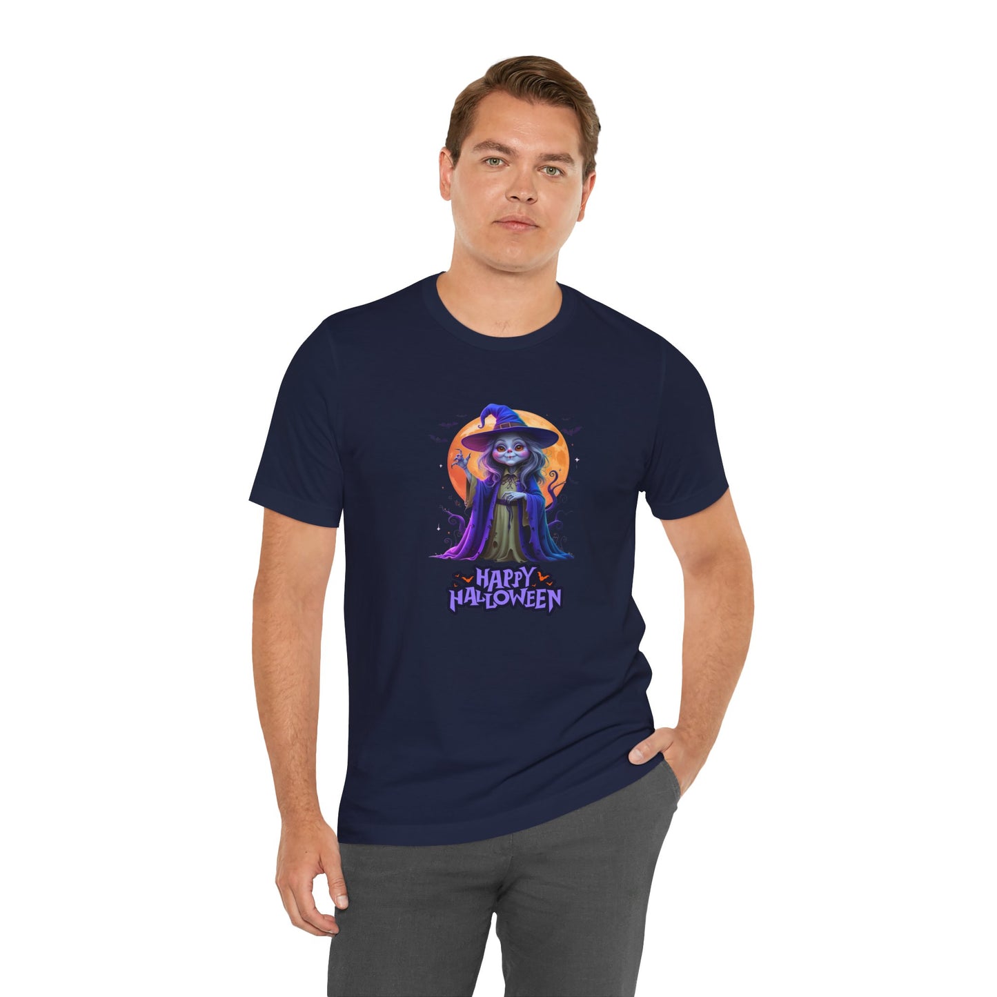 Happy Halloween Witch Shirt – Spooky Full Moon Graphic Tee – Bella Canvas 3001 – Unisex Halloween T-Shirt for Women Men
