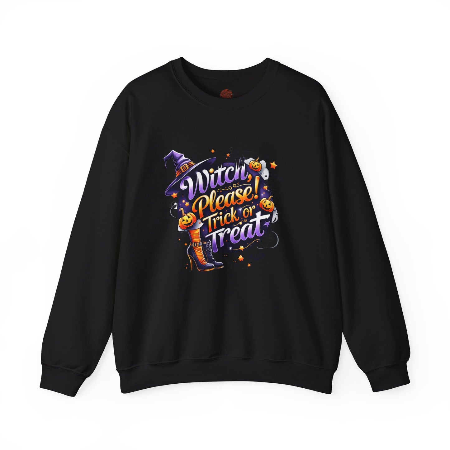 Halloween Sweatshirt – "Witch Please, Trick or Treat" – Funny Witch Hat & Pumpkins Graphic – Cozy Unisex Crewneck Pullover