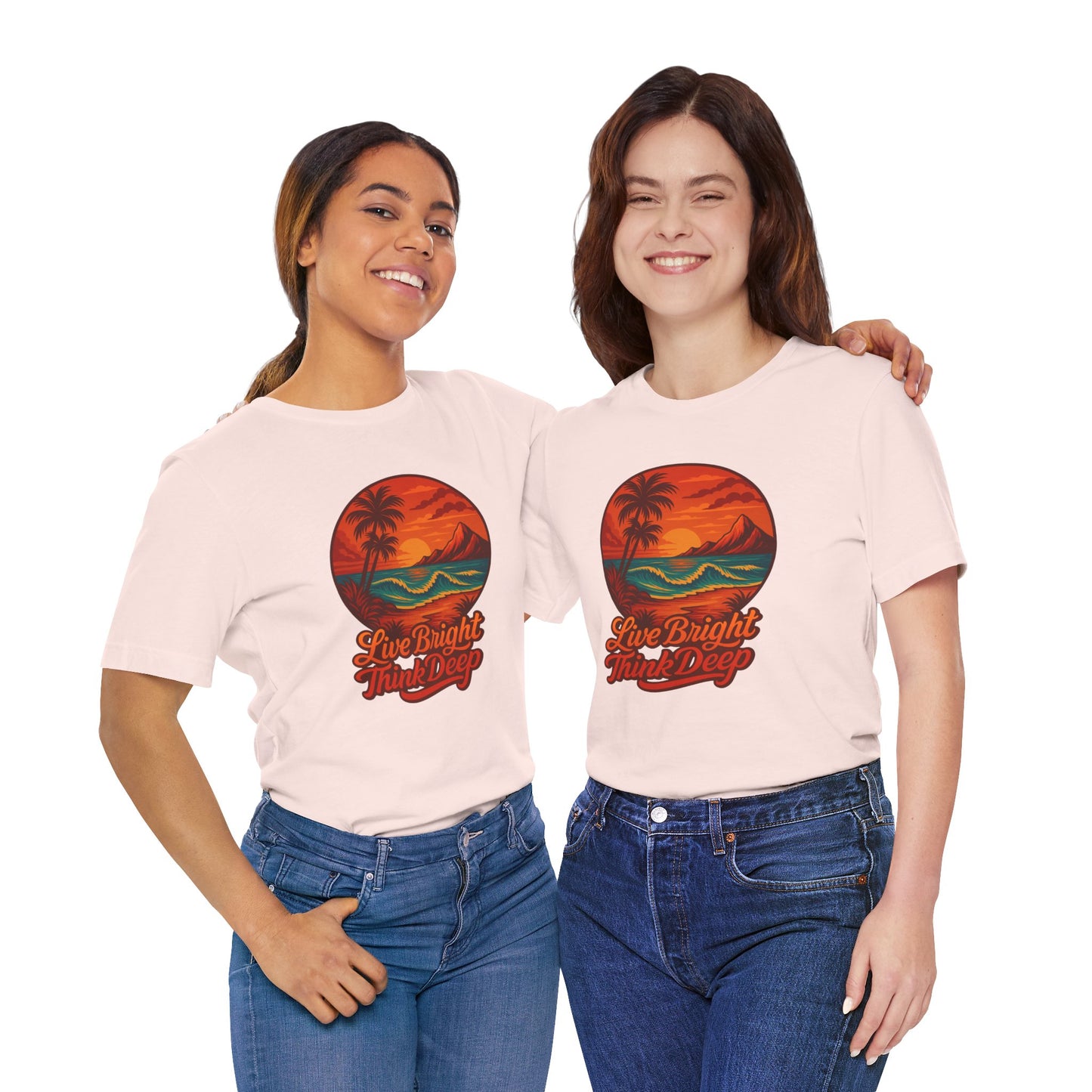 Retro Sunset Ocean Wave Graphic Tee - Live Bright Think Deep T-Shirt, Palm Tree Beach Shirt, Inspirational Typography, Unisex Bella Canvas