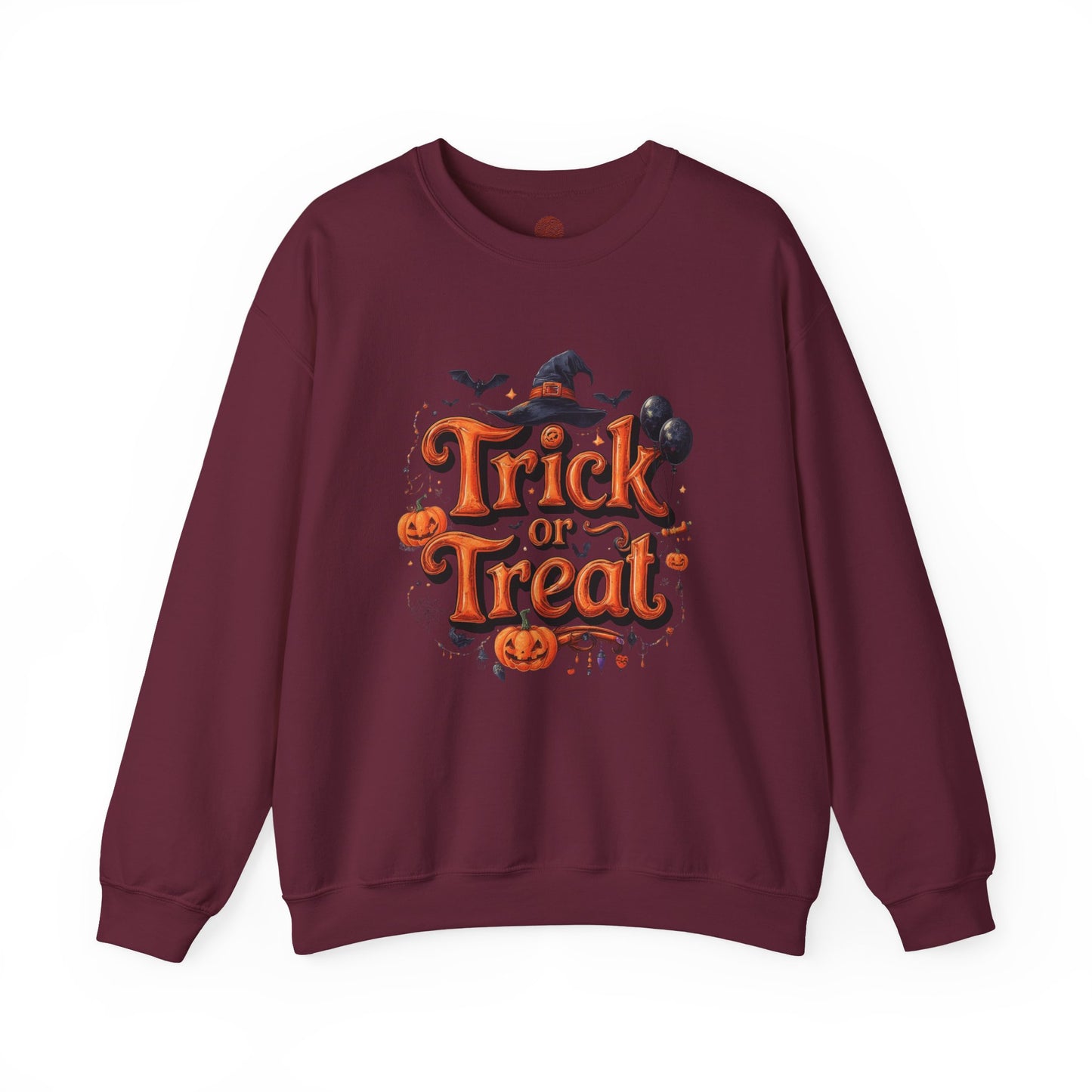 Halloween “Trick or Treat” Graphic Sweatshirt – Cozy Cotton Blend, Spooky Pumpkin & Witch Hat Design