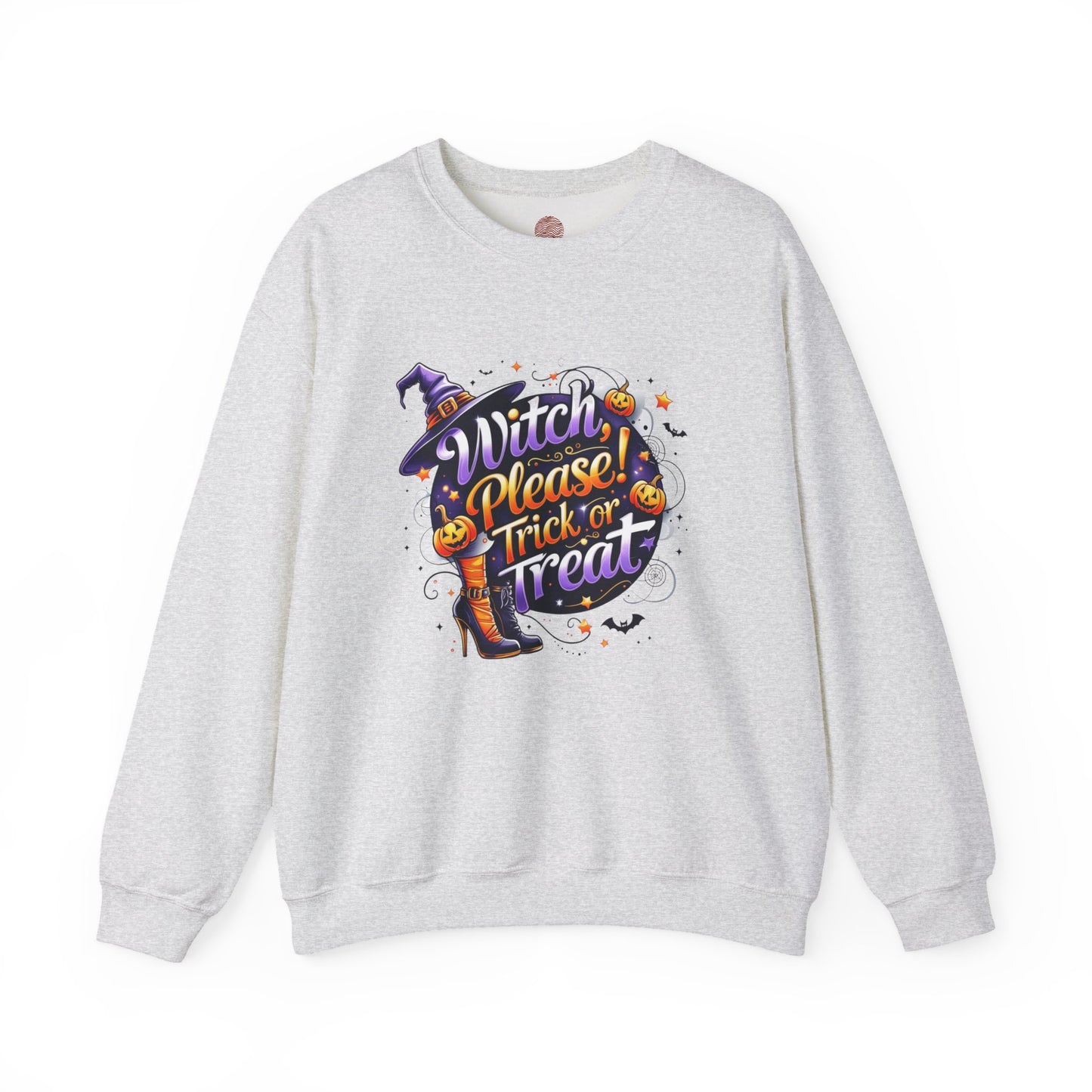 Halloween Sweatshirt – "Witch Please, Trick or Treat" – Funny Witch Hat & Pumpkins Graphic – Cozy Unisex Crewneck Pullover