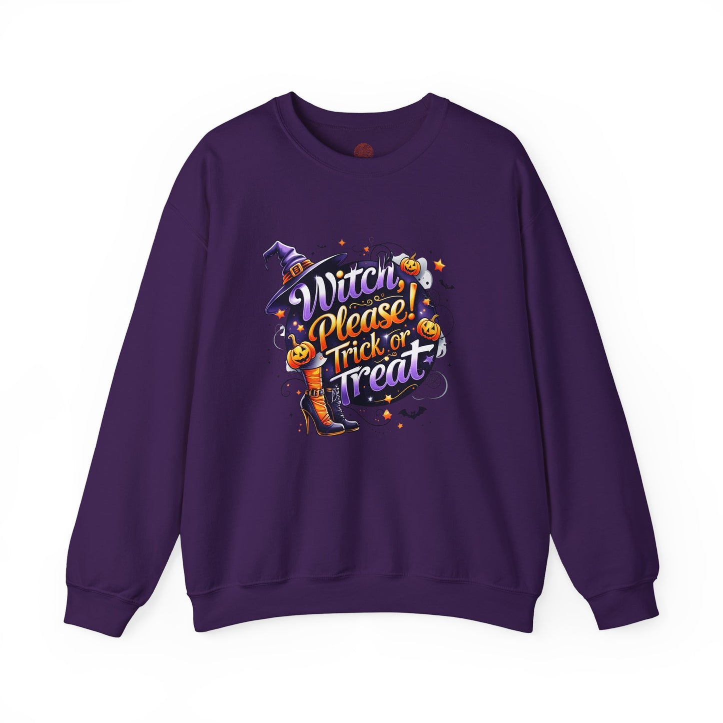Halloween Sweatshirt – "Witch Please, Trick or Treat" – Funny Witch Hat & Pumpkins Graphic – Cozy Unisex Crewneck Pullover