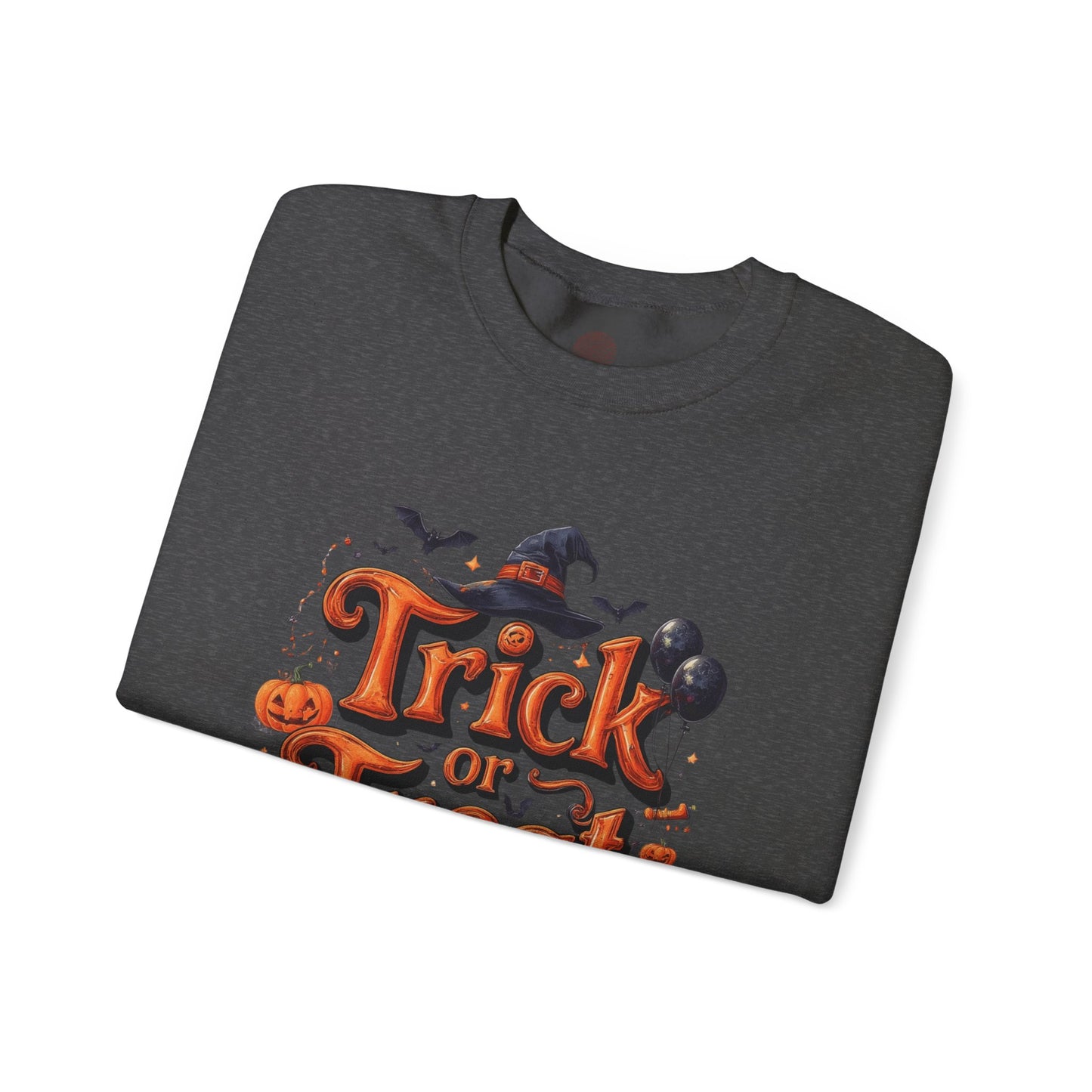 Halloween “Trick or Treat” Graphic Sweatshirt – Cozy Cotton Blend, Spooky Pumpkin & Witch Hat Design