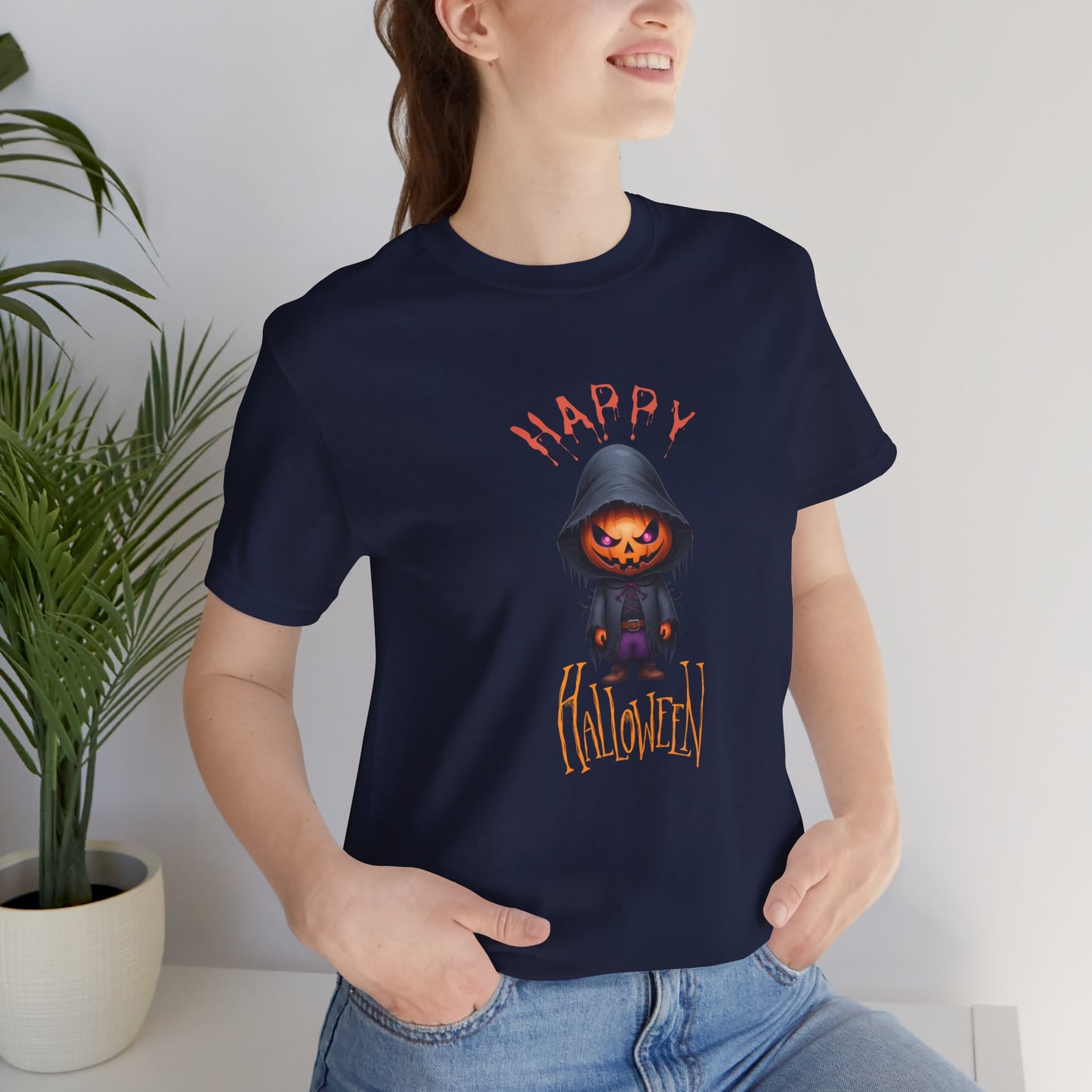 Happy Halloween Pumpkin Head Shirt – Spooky Jack O’Lantern Graphic Tee – Bella Canvas 3001 Unisex T-Shirt