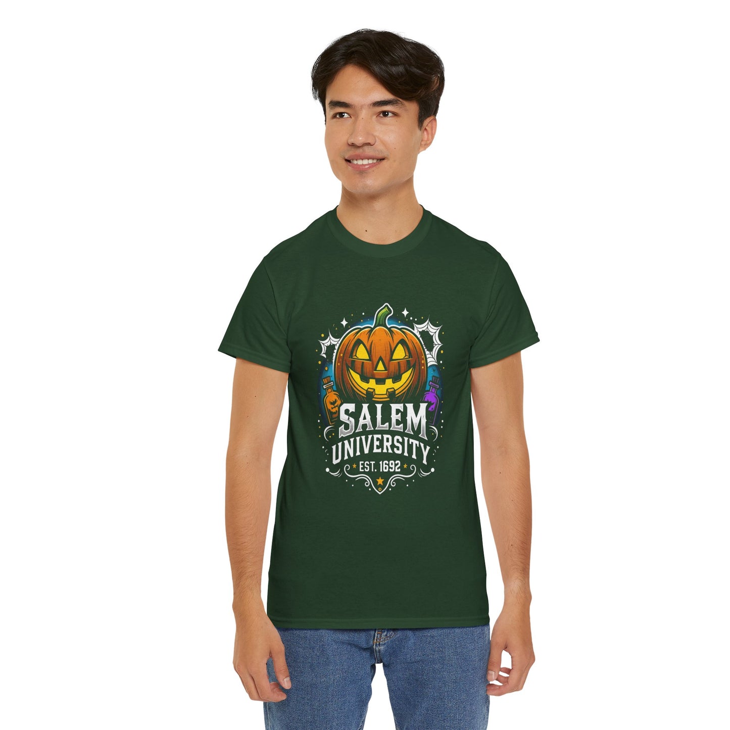 Salem University Halloween Shirt | Funny Witch Pumpkin Graphic Tee | Spooky Witchcraft Unisex T-Shirt | Vintage Halloween Party Top