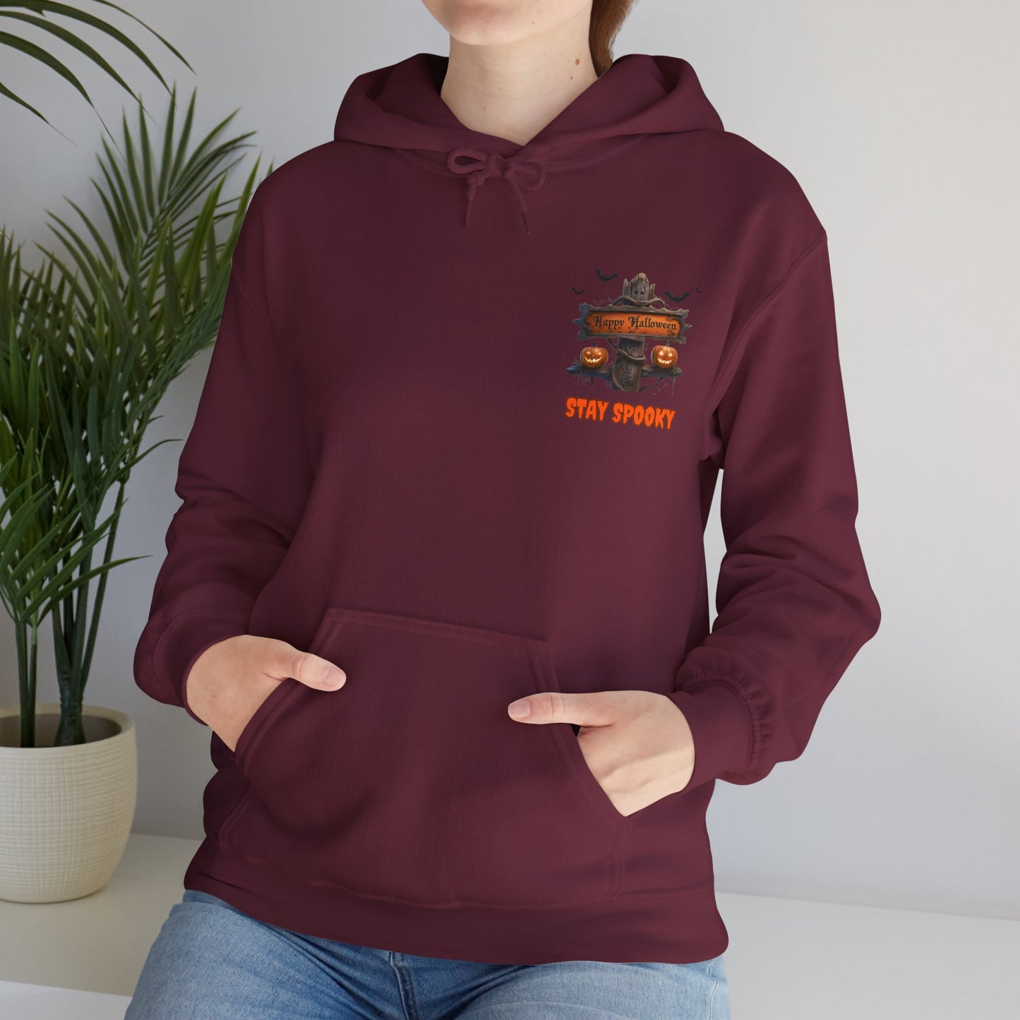 Stay Spooky Halloween Hoodie – Happy Halloween Gravestone & Pumpkin Graphic – Gildan Heavy Blend Unisex Pullover"