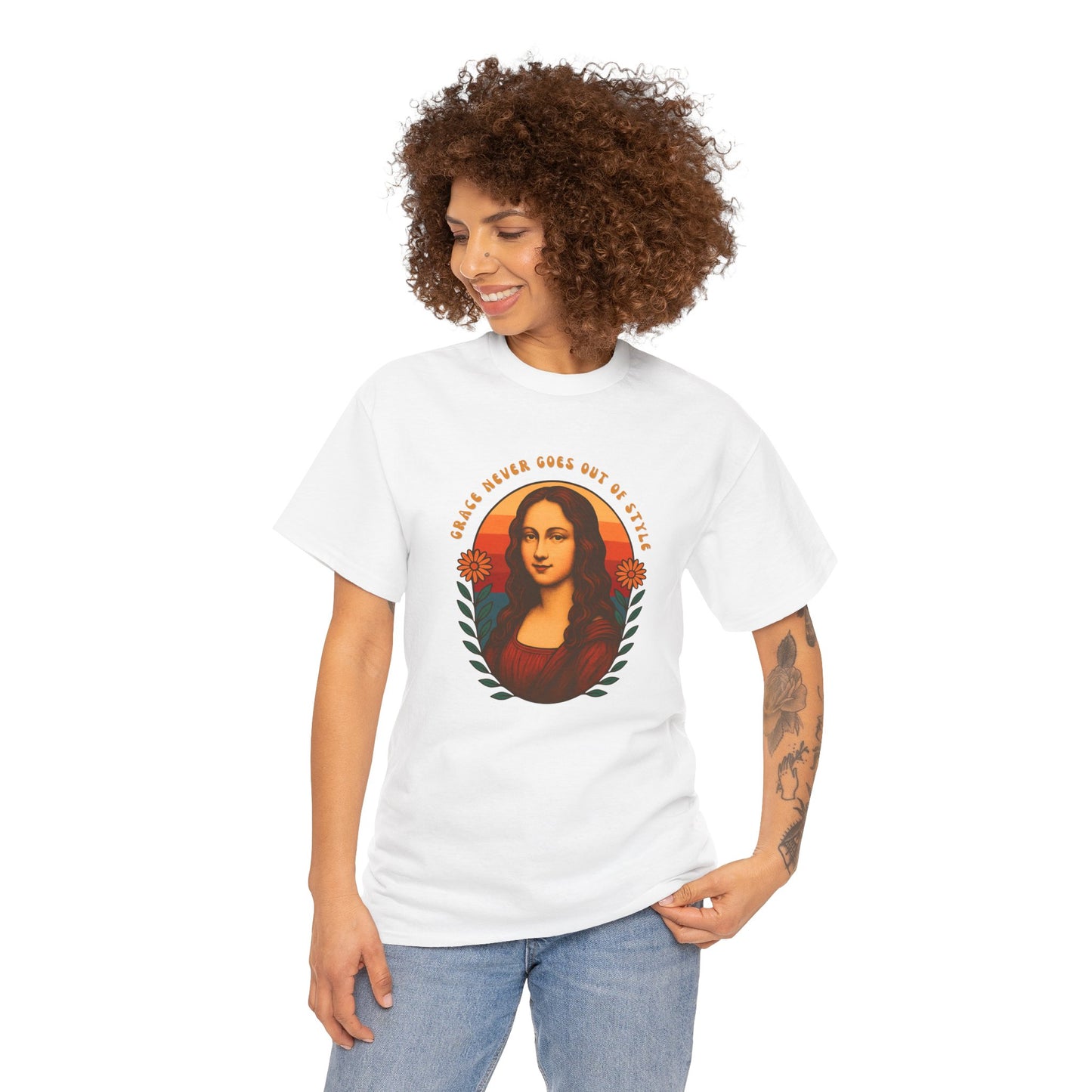 Retro Mona Lisa Unisex Heavy Cotton Tee - Vintage Aesthetic Graphic Shirt, 70s Art Tee, Trendy Gildan 5000 Top, Grace Never Goes Out of
