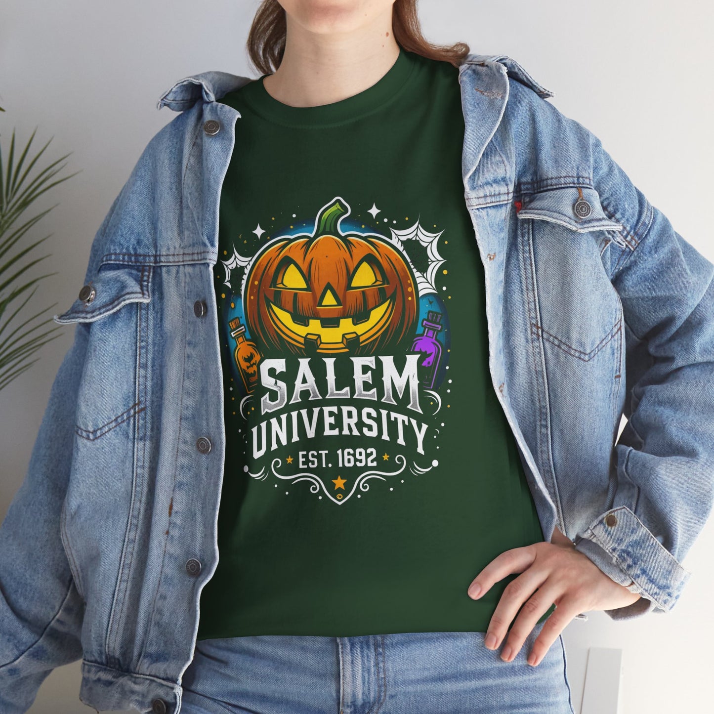 Salem University Halloween Shirt | Funny Witch Pumpkin Graphic Tee | Spooky Witchcraft Unisex T-Shirt | Vintage Halloween Party Top
