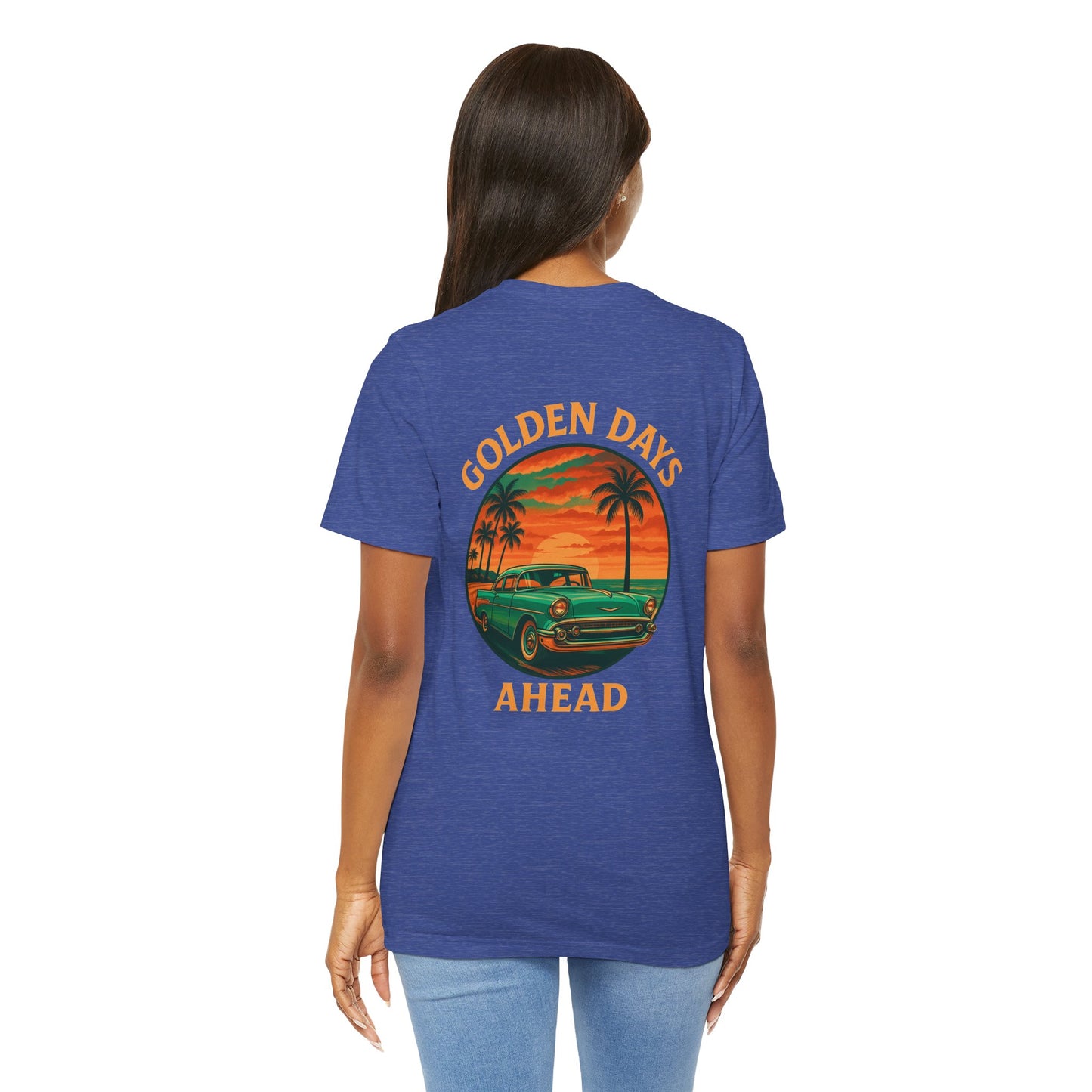 Golden Days Ahead Retro Car T-Shirt, Vintage Classic 50s Tee, Coastal Sunset Palm Trees, Unisex Jersey Shirt, Bella Canvas 3001, Men Women,