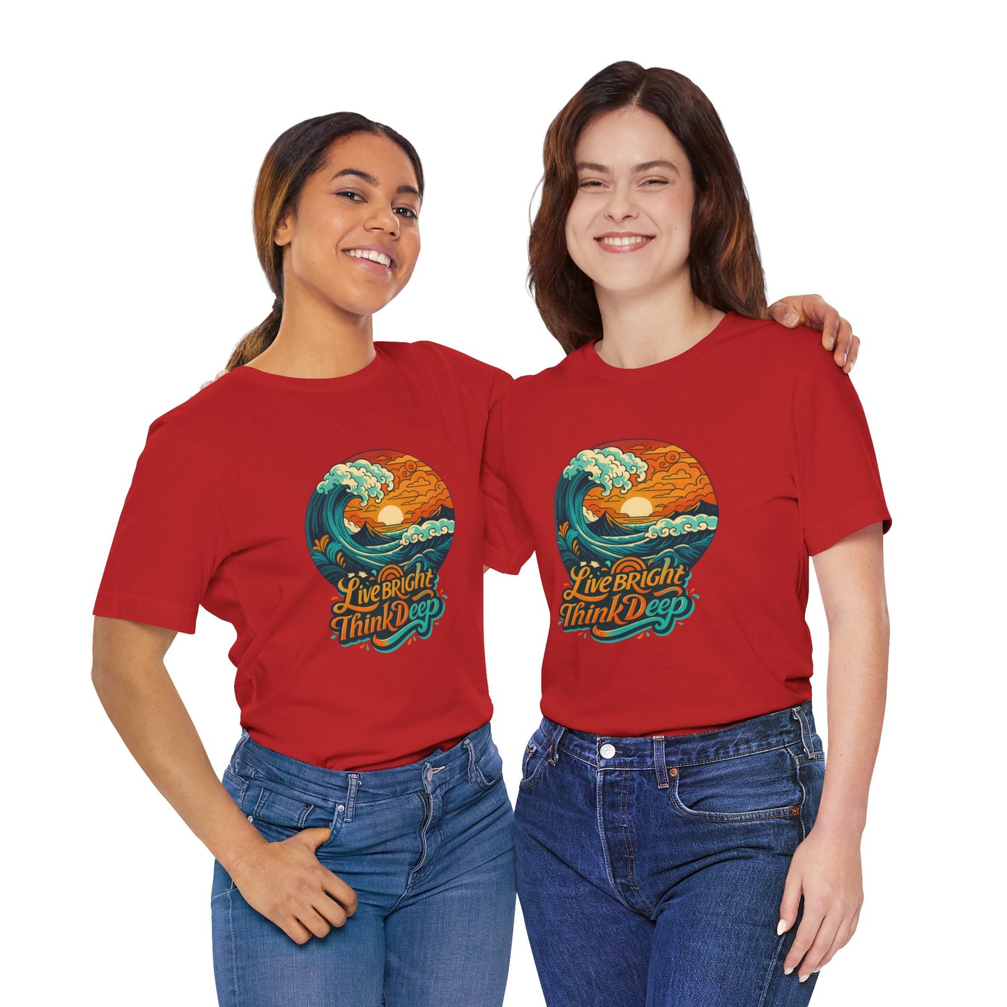 Retro Ocean Wave Sunset T-Shirt, Inspirational Typography Tee, Unisex Graphic Top, Gift for Men & Women, Live Bright Think Deep Shirt