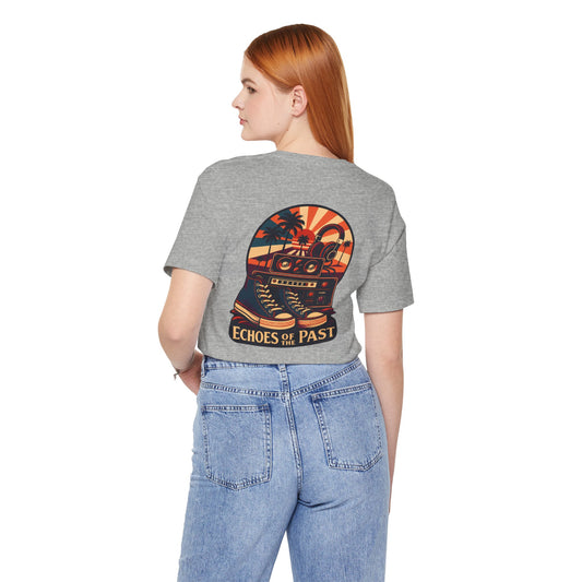 Echoes of the Past Retro Sunset T-Shirt – Bella Canvas 3001 Unisex Vintage 80s Palm Tree Music Graphic Tee