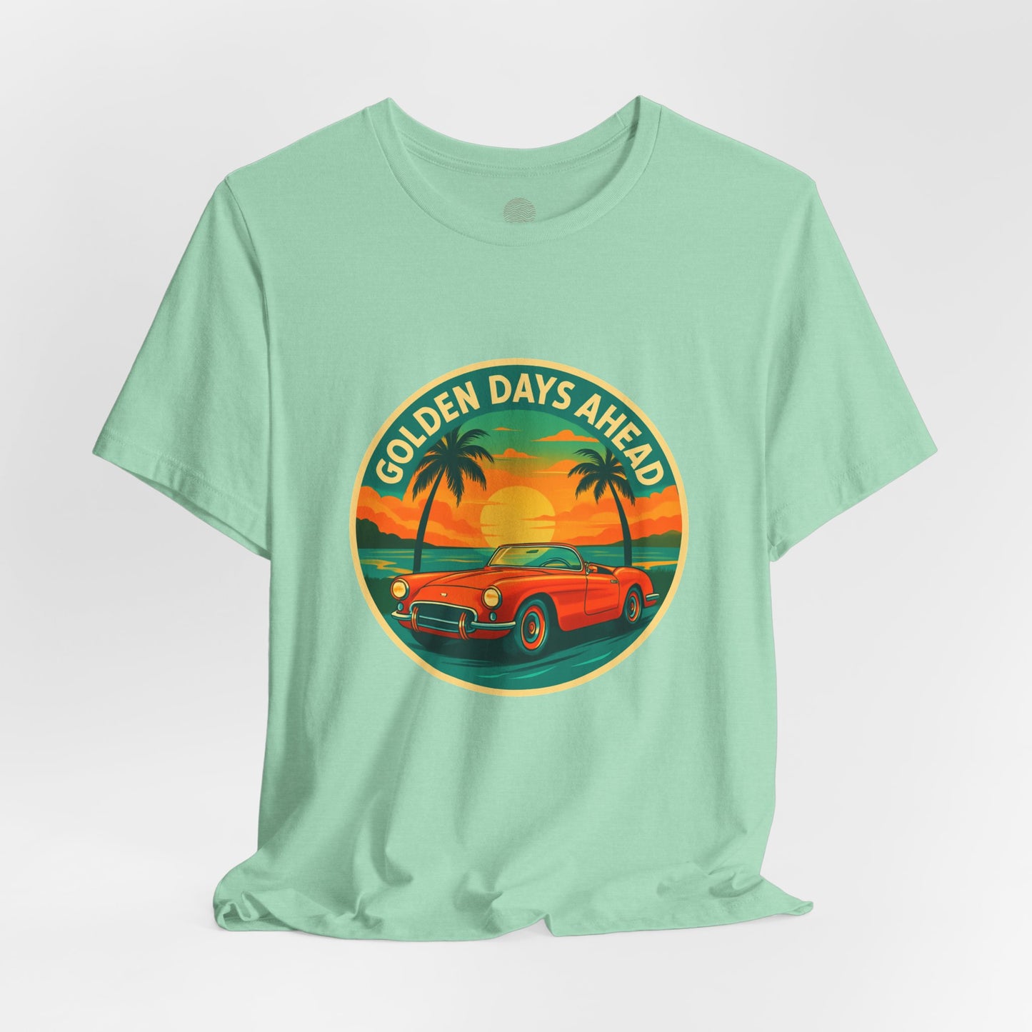 Golden Days Ahead Retro Convertible T-Shirt, Vintage Classic Car Graphic Tee, Sunset Beach Palm Trees - Unisex Jersey Short Sleeve Tee,