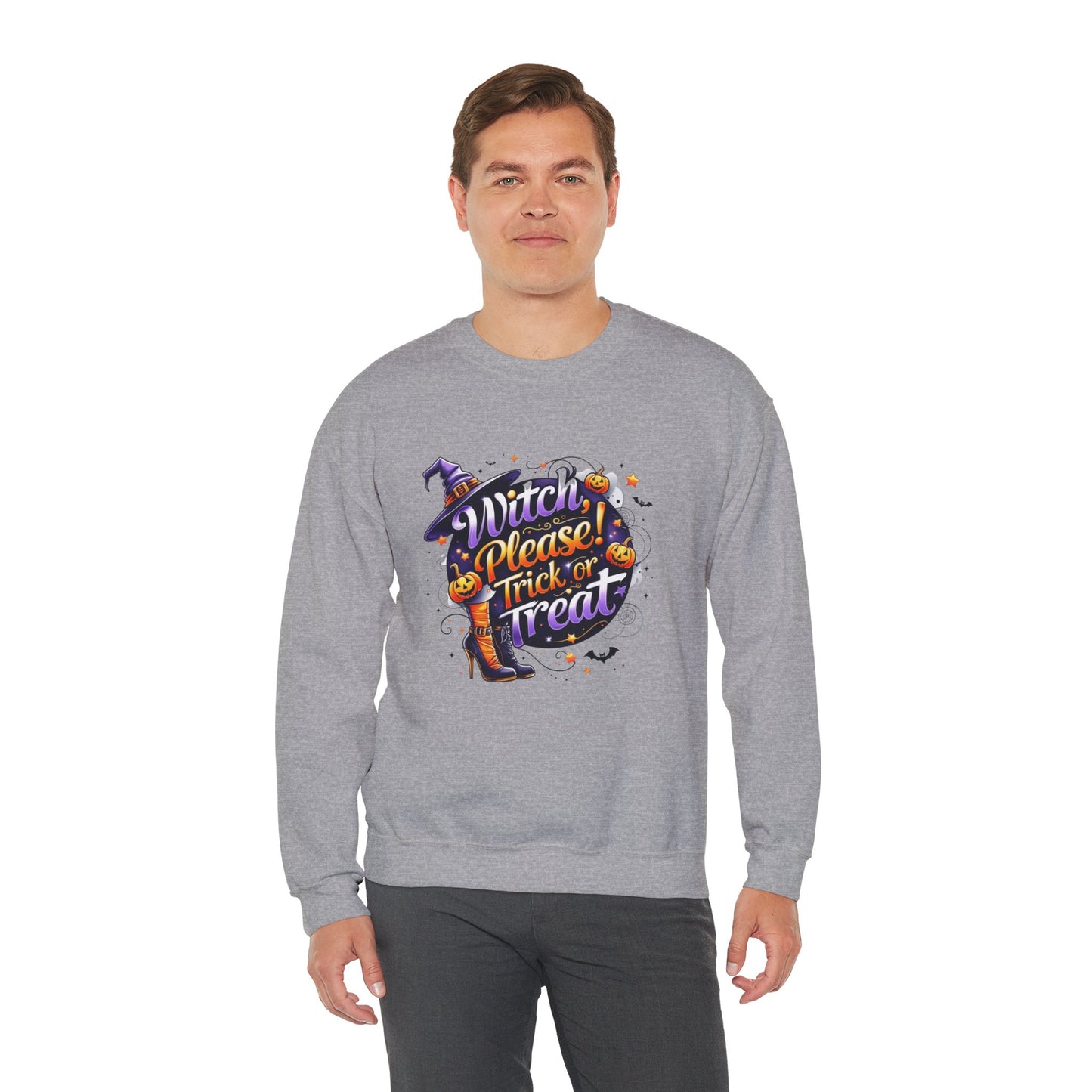 Halloween Sweatshirt – "Witch Please, Trick or Treat" – Funny Witch Hat & Pumpkins Graphic – Cozy Unisex Crewneck Pullover