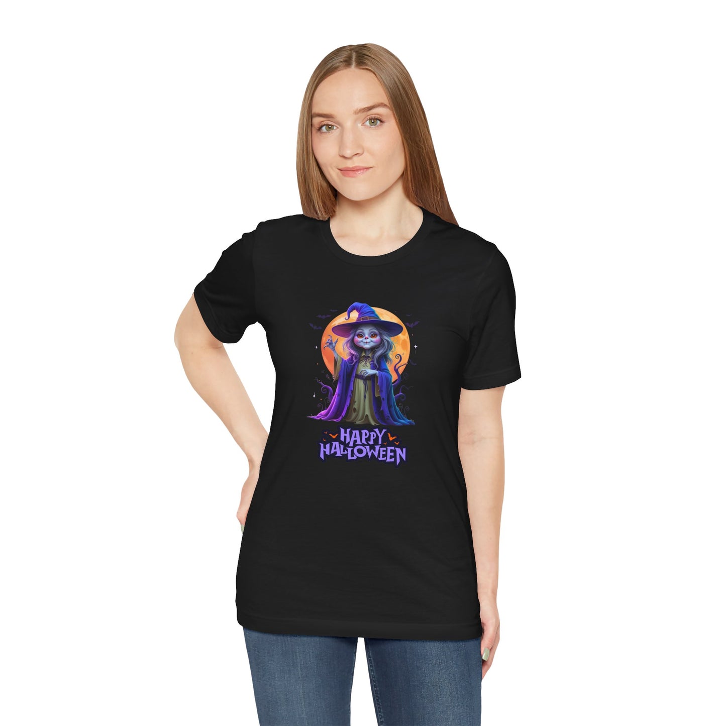 Happy Halloween Witch Shirt – Spooky Full Moon Graphic Tee – Bella Canvas 3001 – Unisex Halloween T-Shirt for Women Men