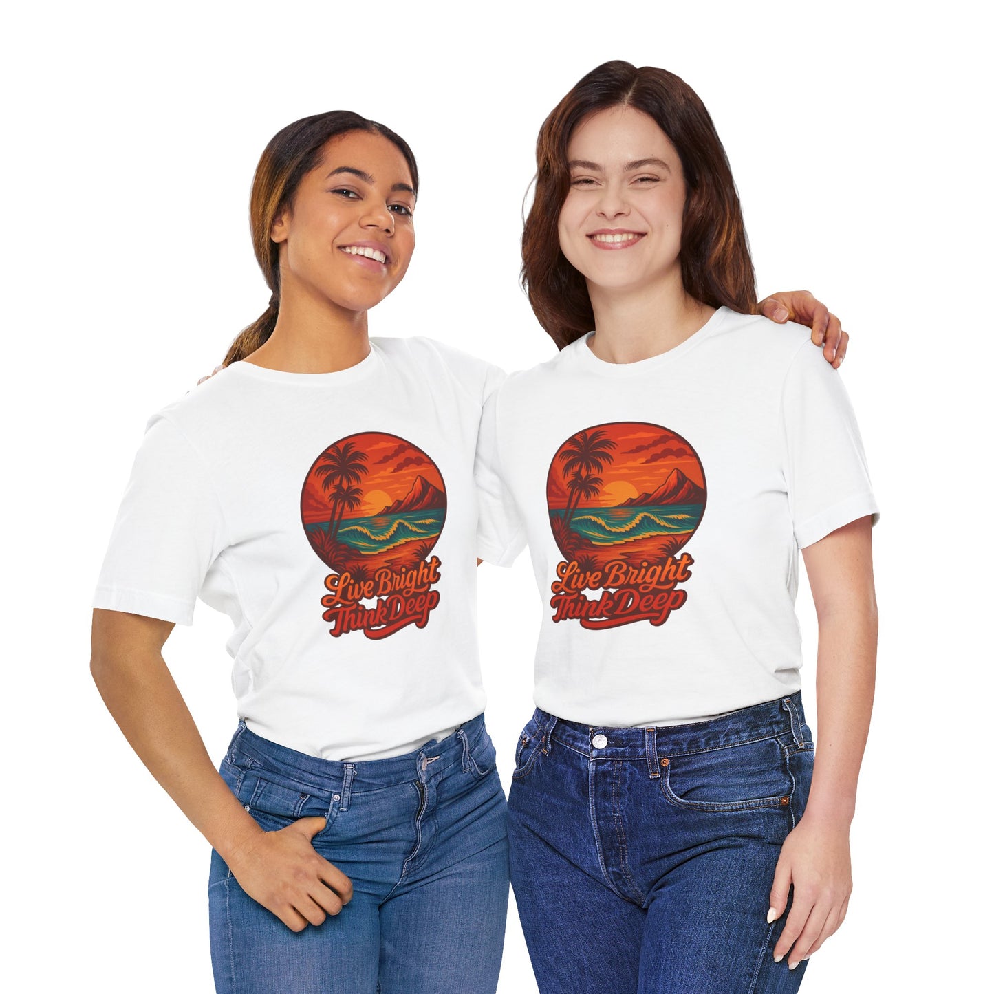 Retro Sunset Ocean Wave Graphic Tee - Live Bright Think Deep T-Shirt, Palm Tree Beach Shirt, Inspirational Typography, Unisex Bella Canvas