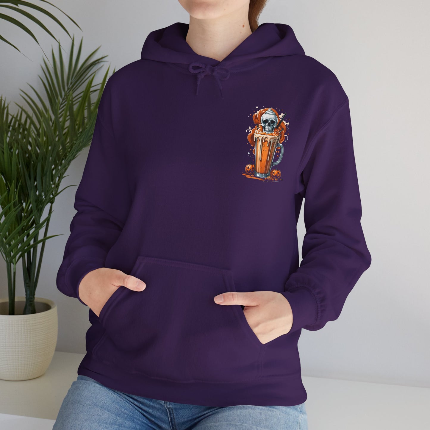 Halloween Skull Pumpkin Latte Hoodie – Spooky Fall Coffee Graphic Sweatshirt – Gildan 18500 Unisex Cozy Autumn Hoodie