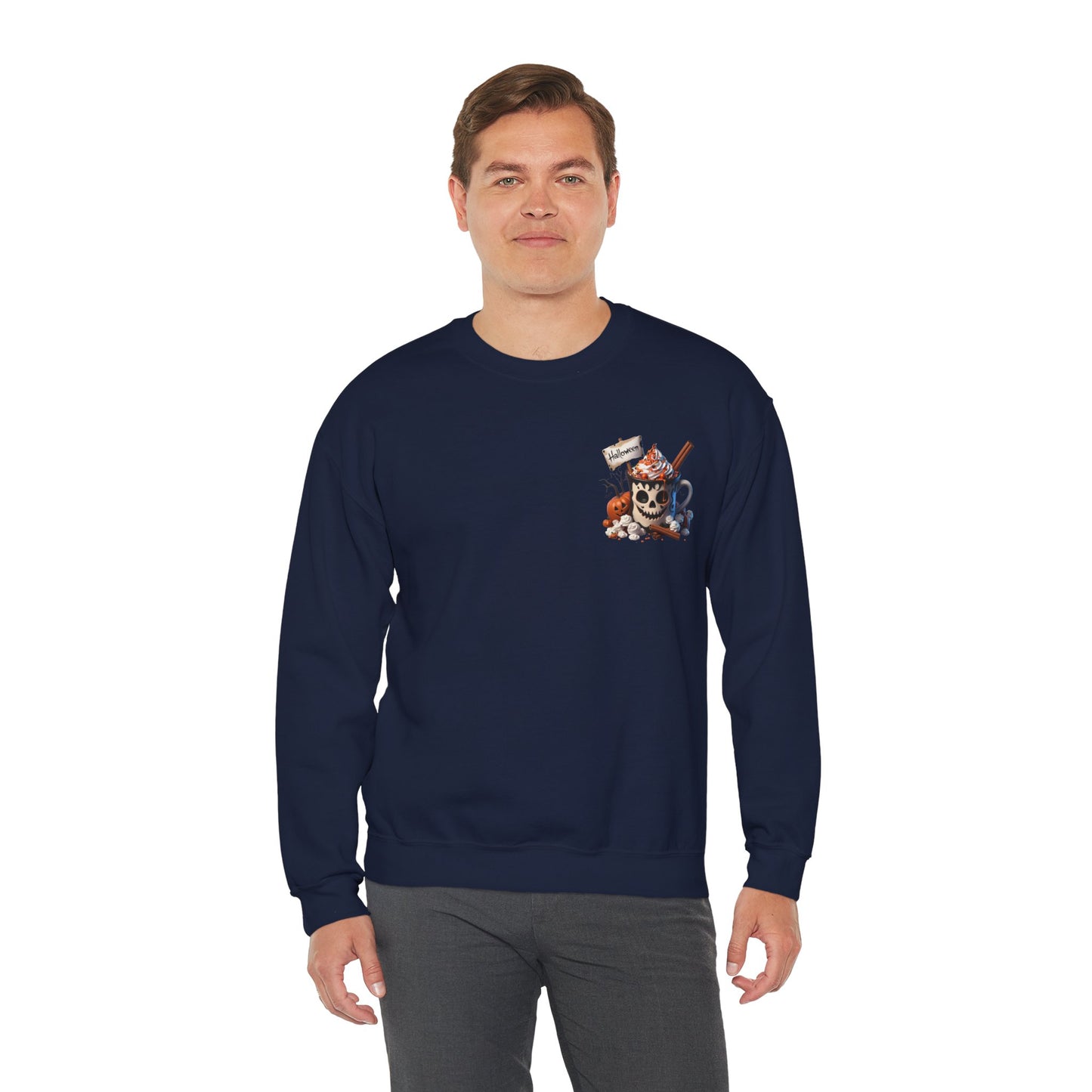 Halloween Skull Coffee Sweatshirt – Spooky Pumpkin Latte Fall Sweater – Cozy Autumn Skull Cup Pullover-Gildan 18000