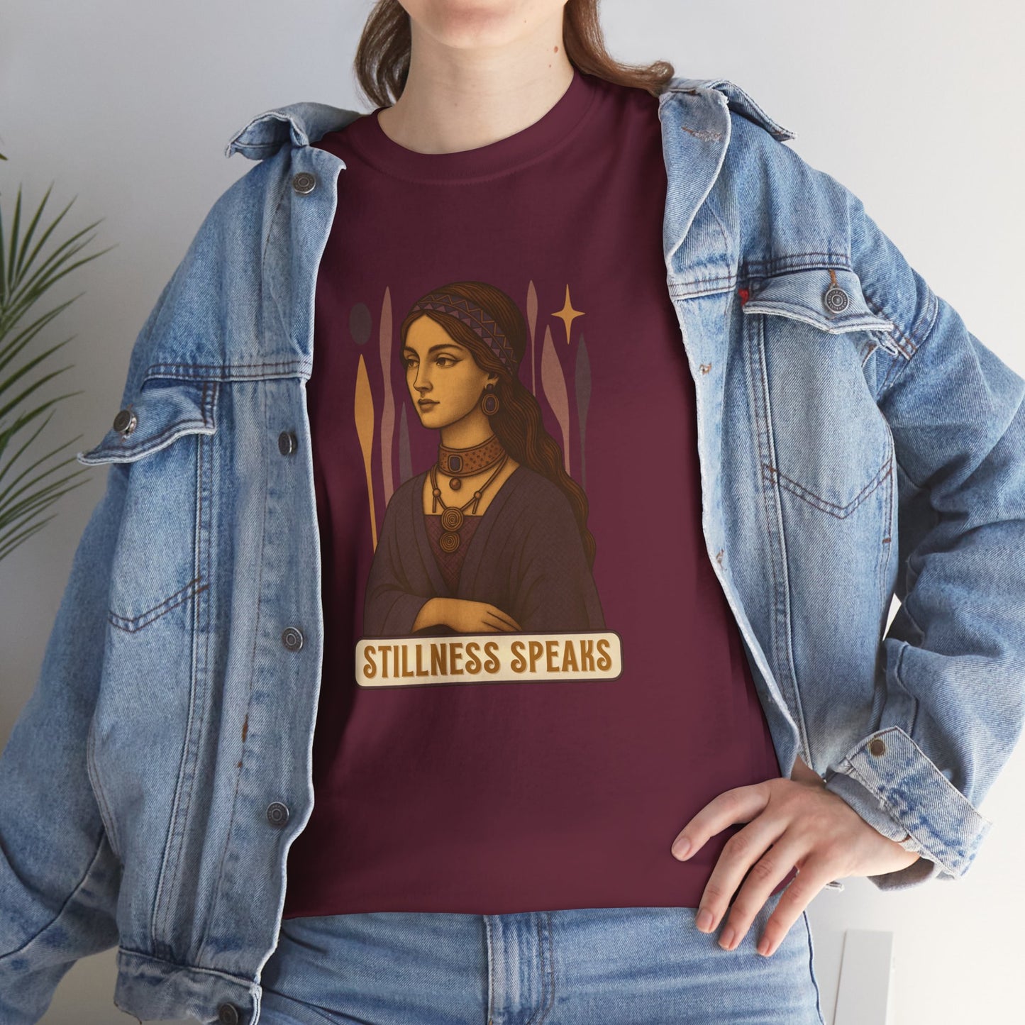 Vintage Mystic Woman Stillness Speaks T-Shirt, Retro Boho Aesthetic Top, Spiritual Graphic Tee, Mindfulness Yoga Gift, Unisex Heavy Cotton