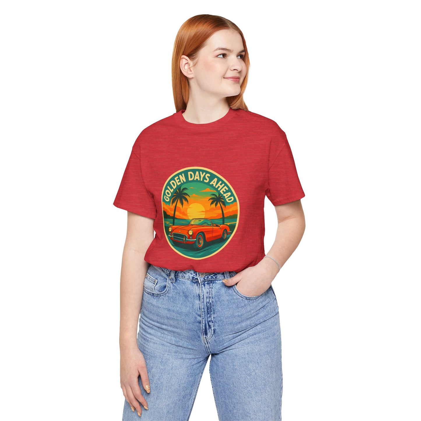 Golden Days Ahead Retro Convertible T-Shirt, Vintage Classic Car Graphic Tee, Sunset Beach Palm Trees - Unisex Jersey Short Sleeve Tee,