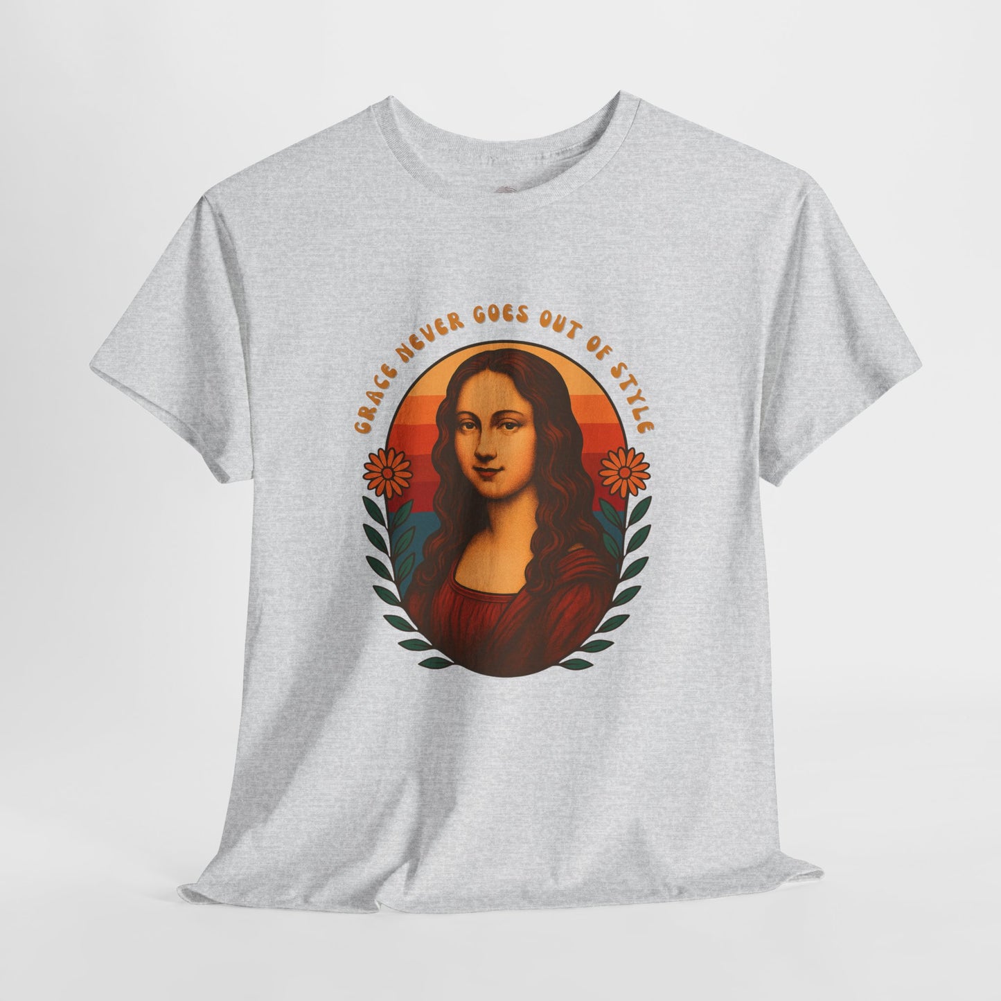 Retro Mona Lisa Unisex Heavy Cotton Tee - Vintage Aesthetic Graphic Shirt, 70s Art Tee, Trendy Gildan 5000 Top, Grace Never Goes Out of