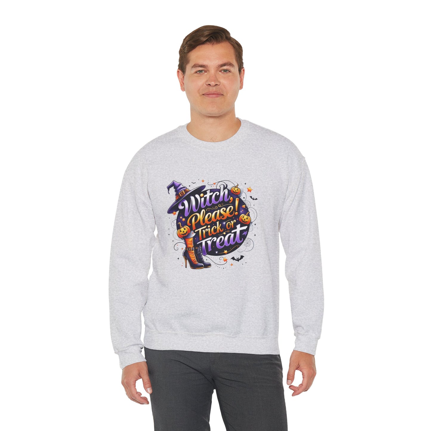 Halloween Sweatshirt – "Witch Please, Trick or Treat" – Funny Witch Hat & Pumpkins Graphic – Cozy Unisex Crewneck Pullover