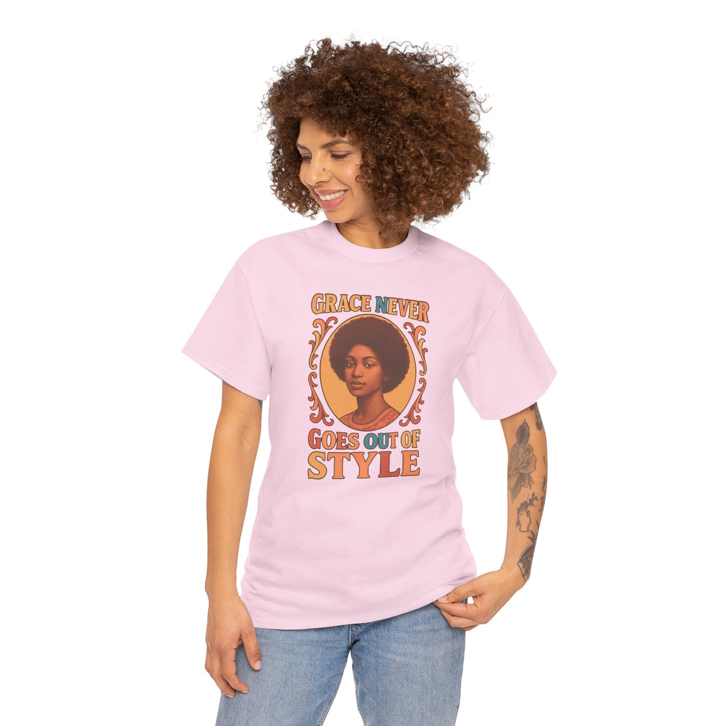 Grace Never Goes Out of Style Gildan 5000 Shirt - Retro Afro Woman Graphic Tee, Vintage 70s Aesthetic T-Shirt, Quote Top