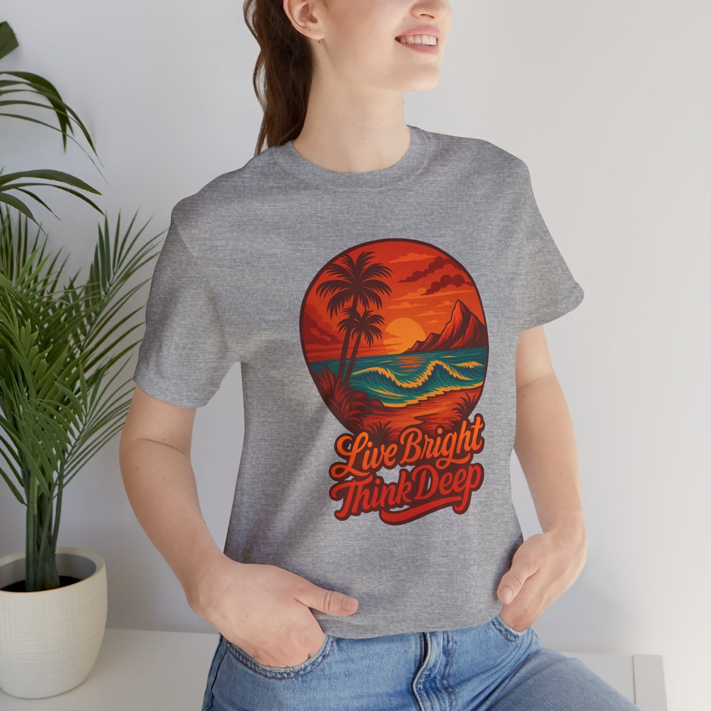 Retro Sunset Ocean Wave Graphic Tee - Live Bright Think Deep T-Shirt, Palm Tree Beach Shirt, Inspirational Typography, Unisex Bella Canvas