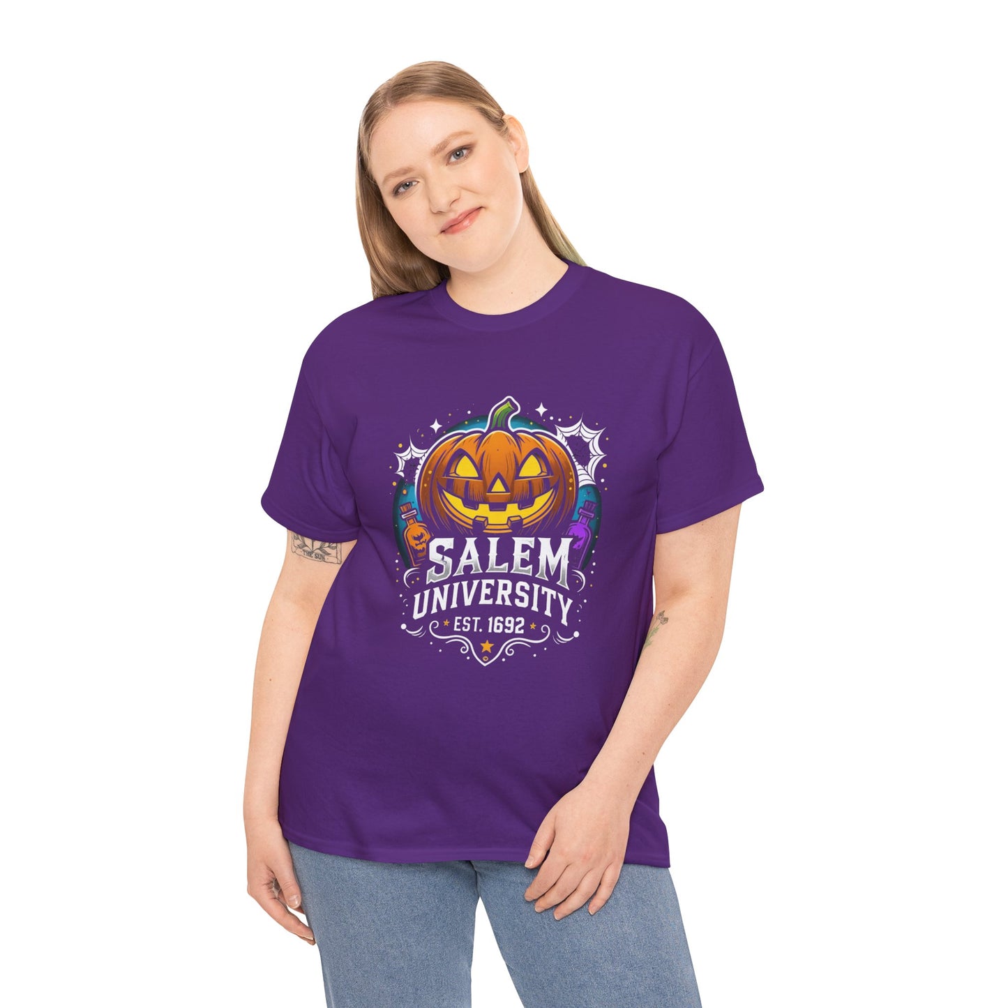 Salem University Halloween Shirt | Funny Witch Pumpkin Graphic Tee | Spooky Witchcraft Unisex T-Shirt | Vintage Halloween Party Top