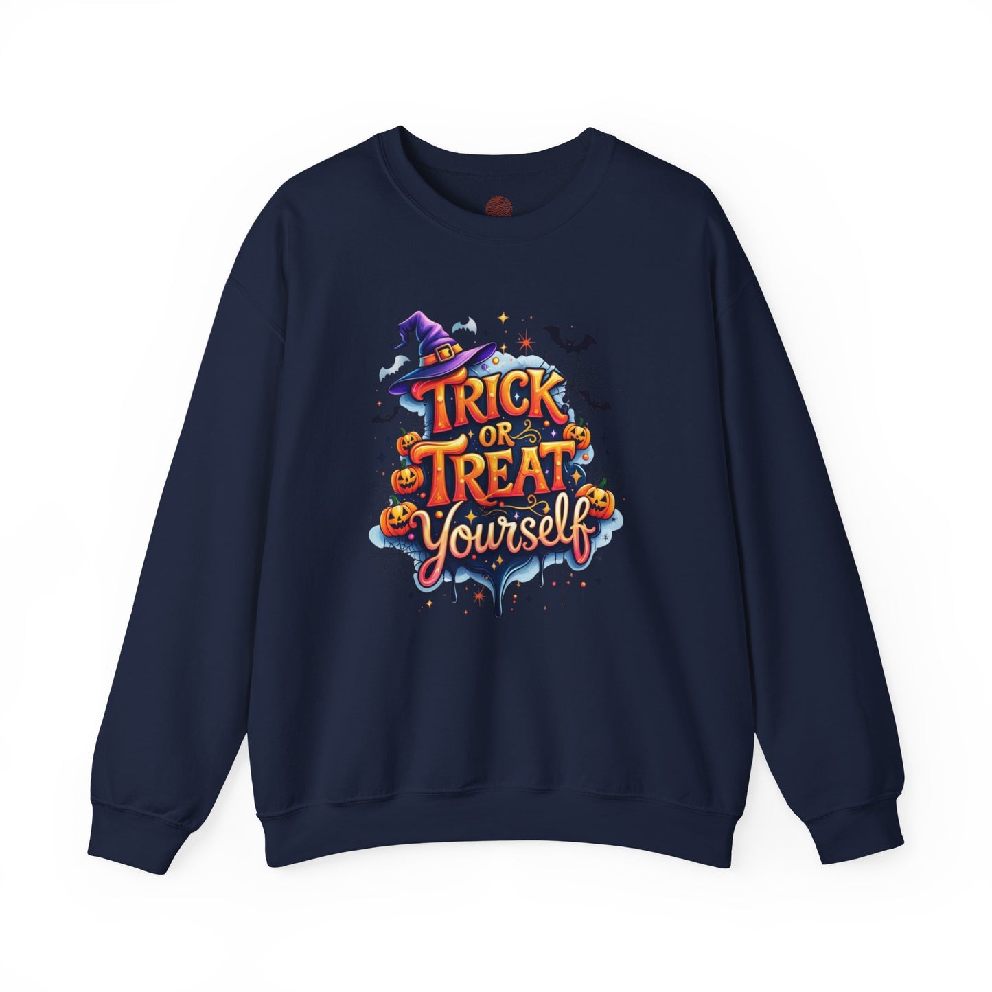 ''Trick or Treat Yourself'' Halloween Sweatshirt – Unisex Cozy Crewneck, Spooky Pumpkin & Witch Hat Graphic, Fall Aesthetic Pullover