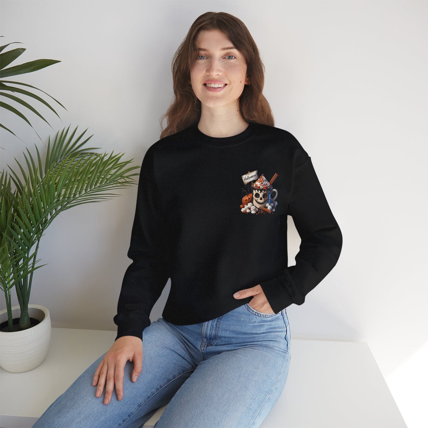 Halloween Skull Coffee Sweatshirt – Spooky Pumpkin Latte Fall Sweater – Cozy Autumn Skull Cup Pullover-Gildan 18000