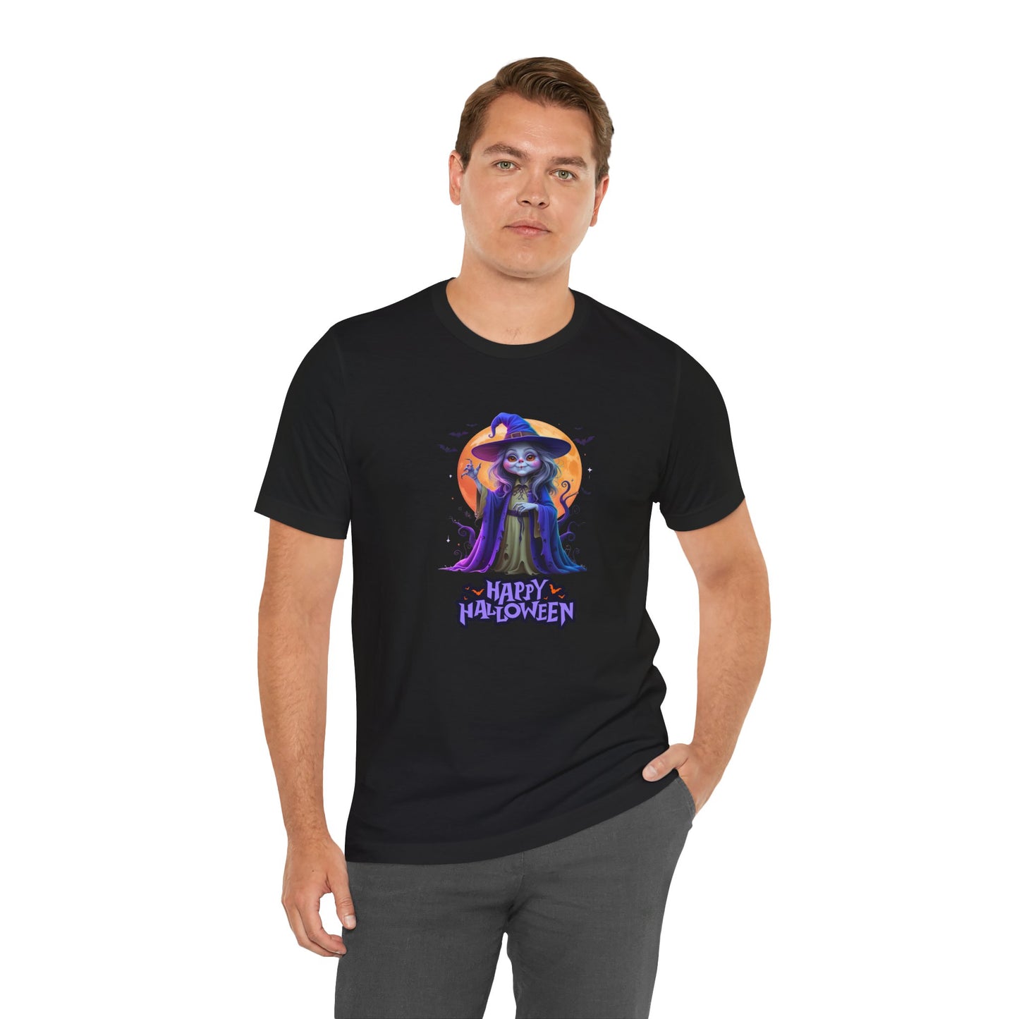 Happy Halloween Witch Shirt – Spooky Full Moon Graphic Tee – Bella Canvas 3001 – Unisex Halloween T-Shirt for Women Men