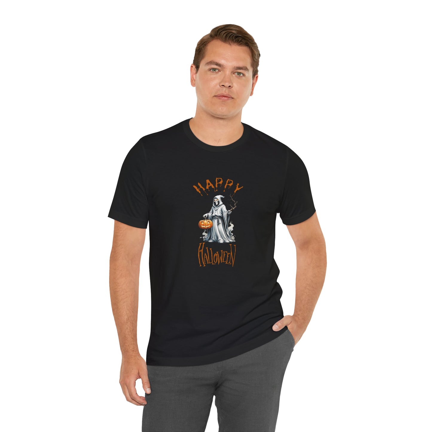 Happy Halloween Ghost Shirt – Spooky Pumpkin Graphic Tee – Bella Canvas 3001 – Unisex Cute Halloween T-Shirt for Women Men
