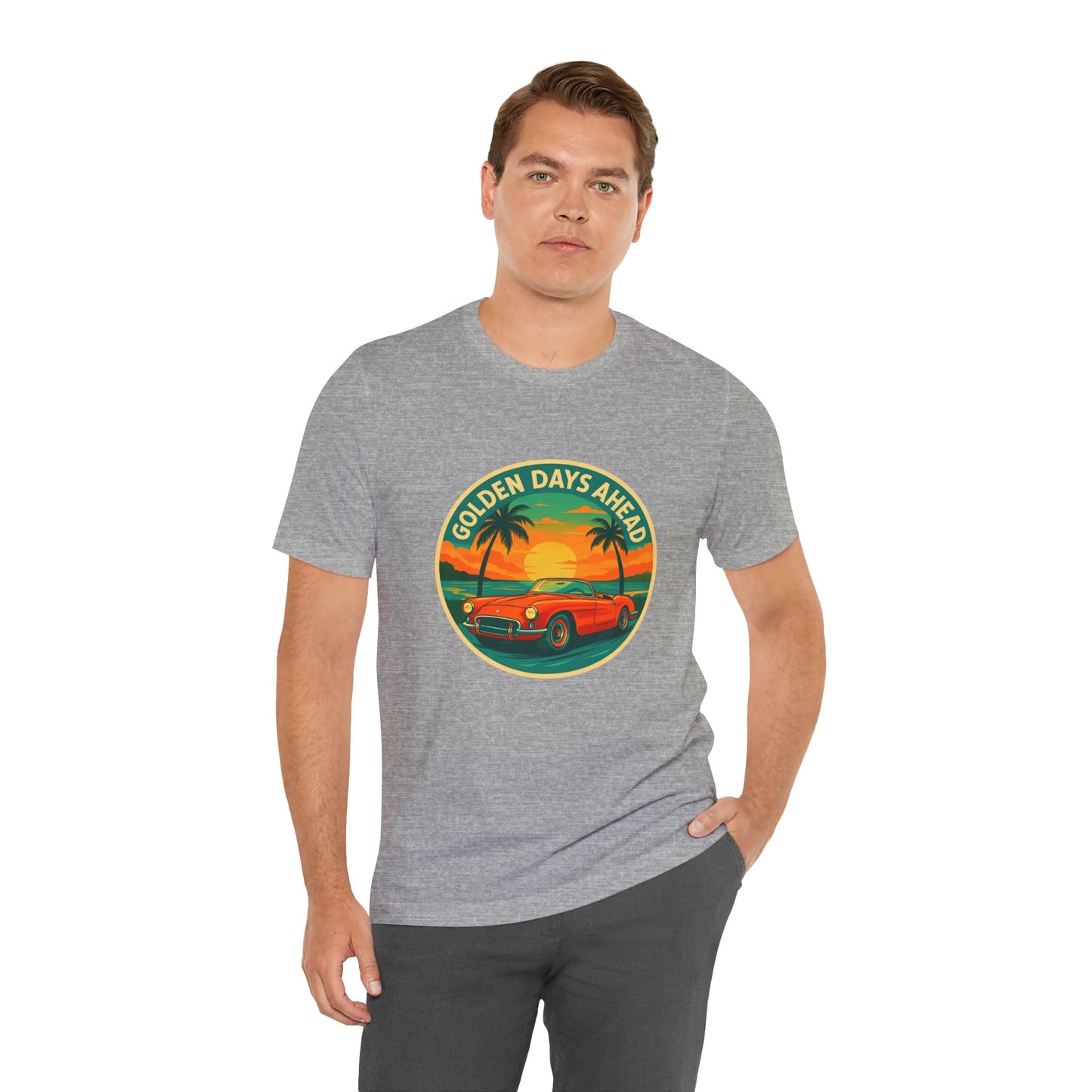 Golden Days Ahead Retro Convertible T-Shirt, Vintage Classic Car Graphic Tee, Sunset Beach Palm Trees - Unisex Jersey Short Sleeve Tee,