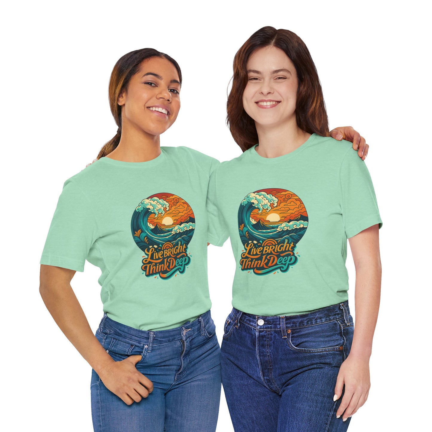Retro Ocean Wave Sunset T-Shirt, Inspirational Typography Tee, Unisex Graphic Top, Gift for Men & Women, Live Bright Think Deep Shirt