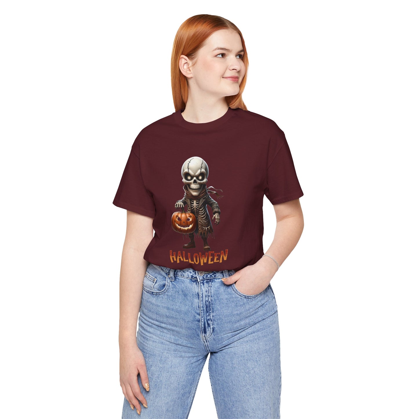 Halloween Skeleton Shirt – Spooky Pumpkin Graphic Tee – Bella Canvas 3001 – Unisex Gothic Horror Costume T-Shirt