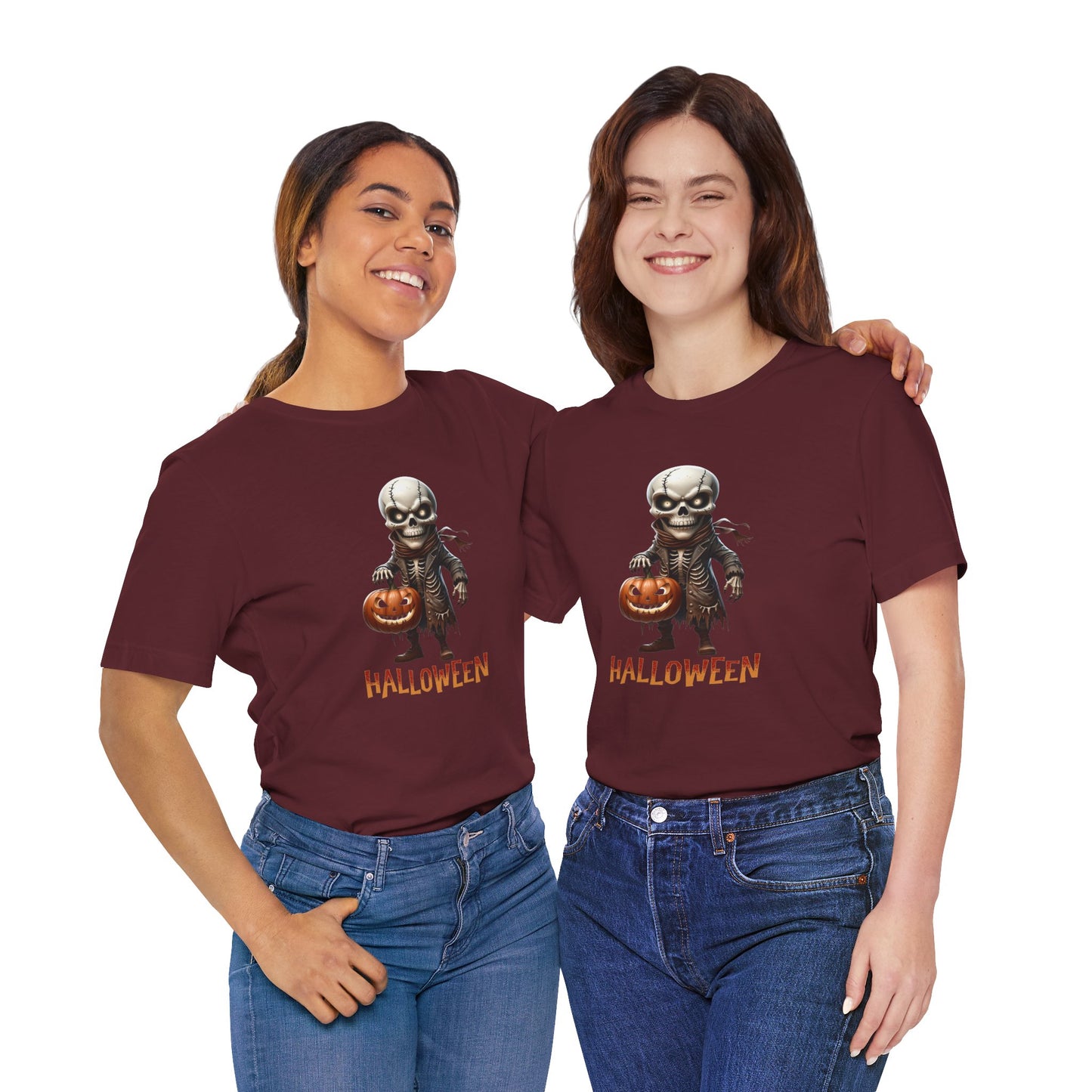 Halloween Skeleton Shirt – Spooky Pumpkin Graphic Tee – Bella Canvas 3001 – Unisex Gothic Horror Costume T-Shirt