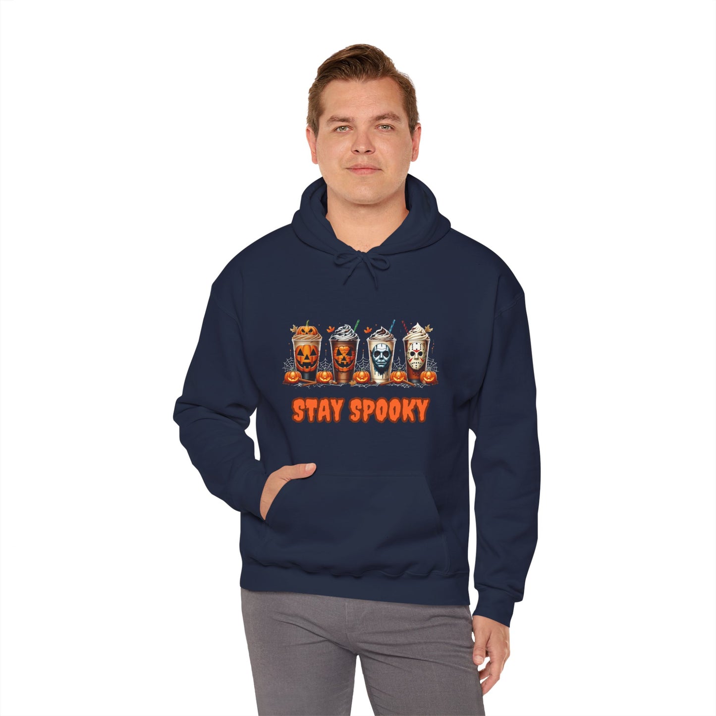 Stay Spooky Halloween Horror Hoodie – Pumpkin Skull Coffee Cup Graphic – Michael Myers Jason Inspired – Gildan 18500 Unisex Pullover