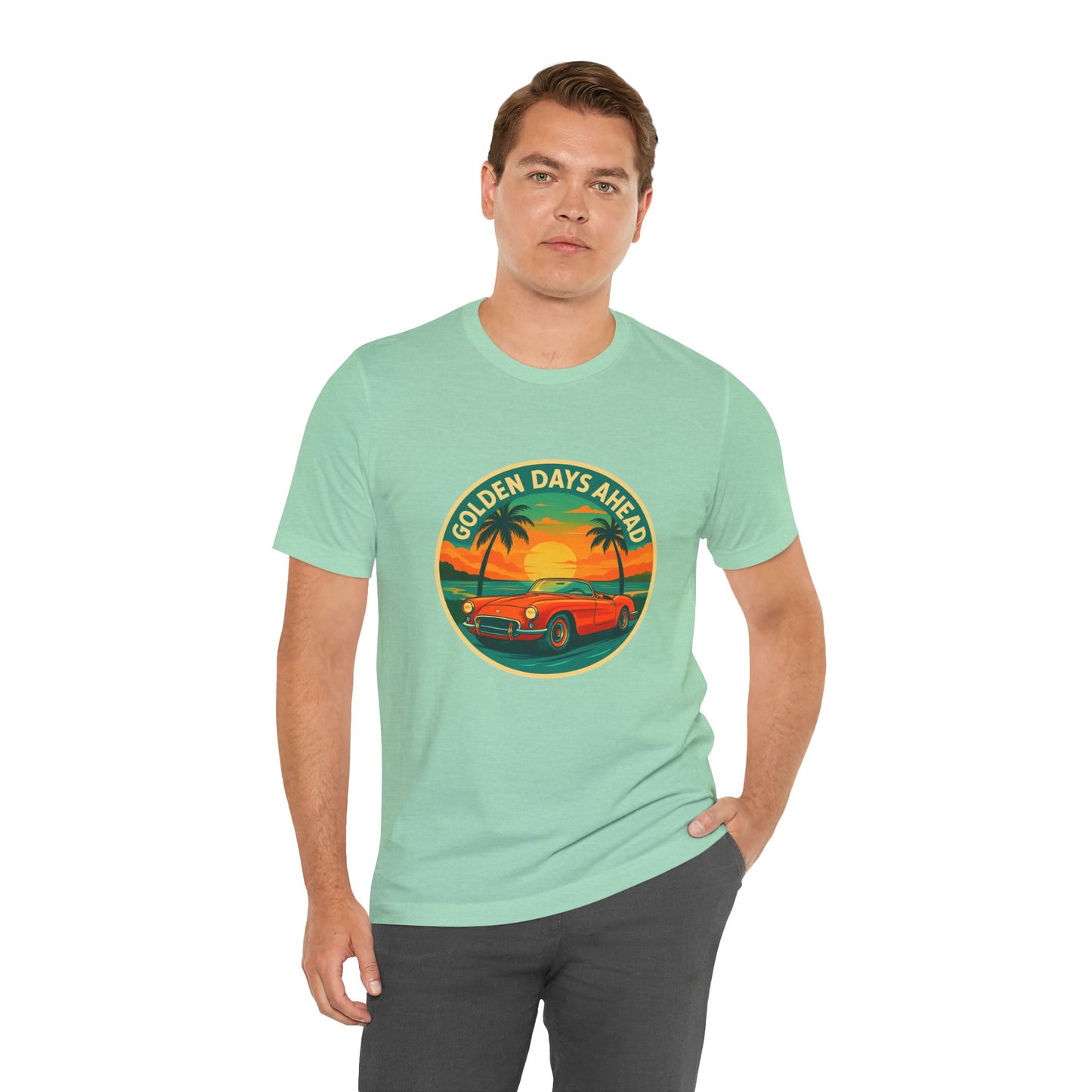 Golden Days Ahead Retro Convertible T-Shirt, Vintage Classic Car Graphic Tee, Sunset Beach Palm Trees - Unisex Jersey Short Sleeve Tee,