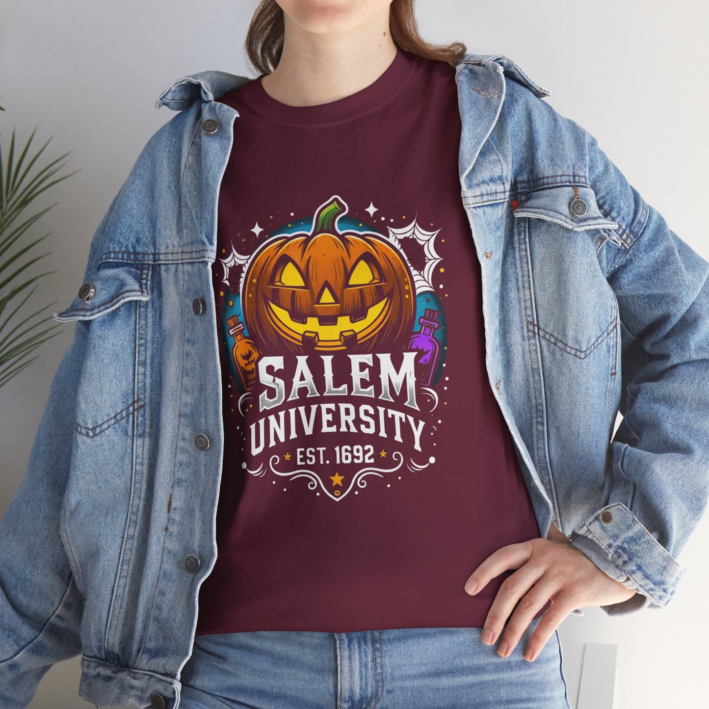 Salem University Halloween Shirt | Funny Witch Pumpkin Graphic Tee | Spooky Witchcraft Unisex T-Shirt | Vintage Halloween Party Top