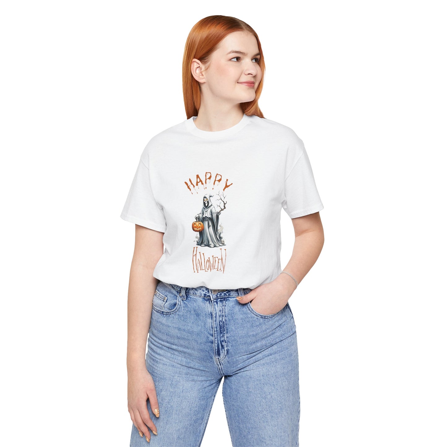 Happy Halloween Ghost Shirt – Spooky Pumpkin Graphic Tee – Bella Canvas 3001 – Unisex Cute Halloween T-Shirt for Women Men