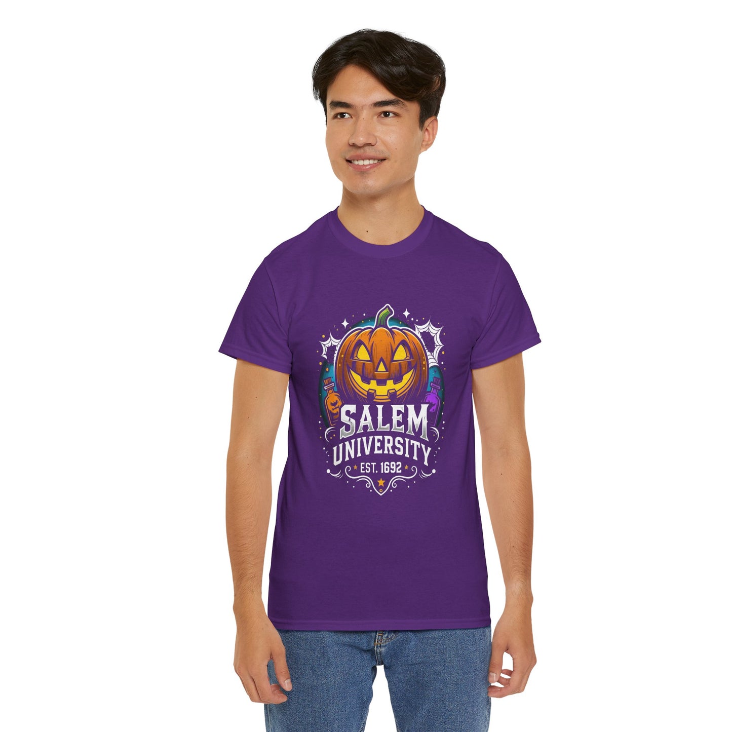 Salem University Halloween Shirt | Funny Witch Pumpkin Graphic Tee | Spooky Witchcraft Unisex T-Shirt | Vintage Halloween Party Top