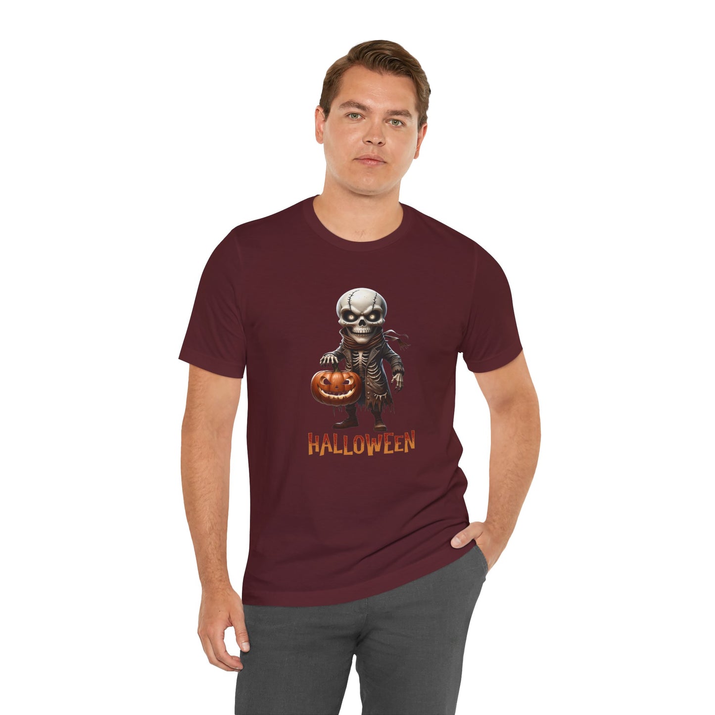 Halloween Skeleton Shirt – Spooky Pumpkin Graphic Tee – Bella Canvas 3001 – Unisex Gothic Horror Costume T-Shirt