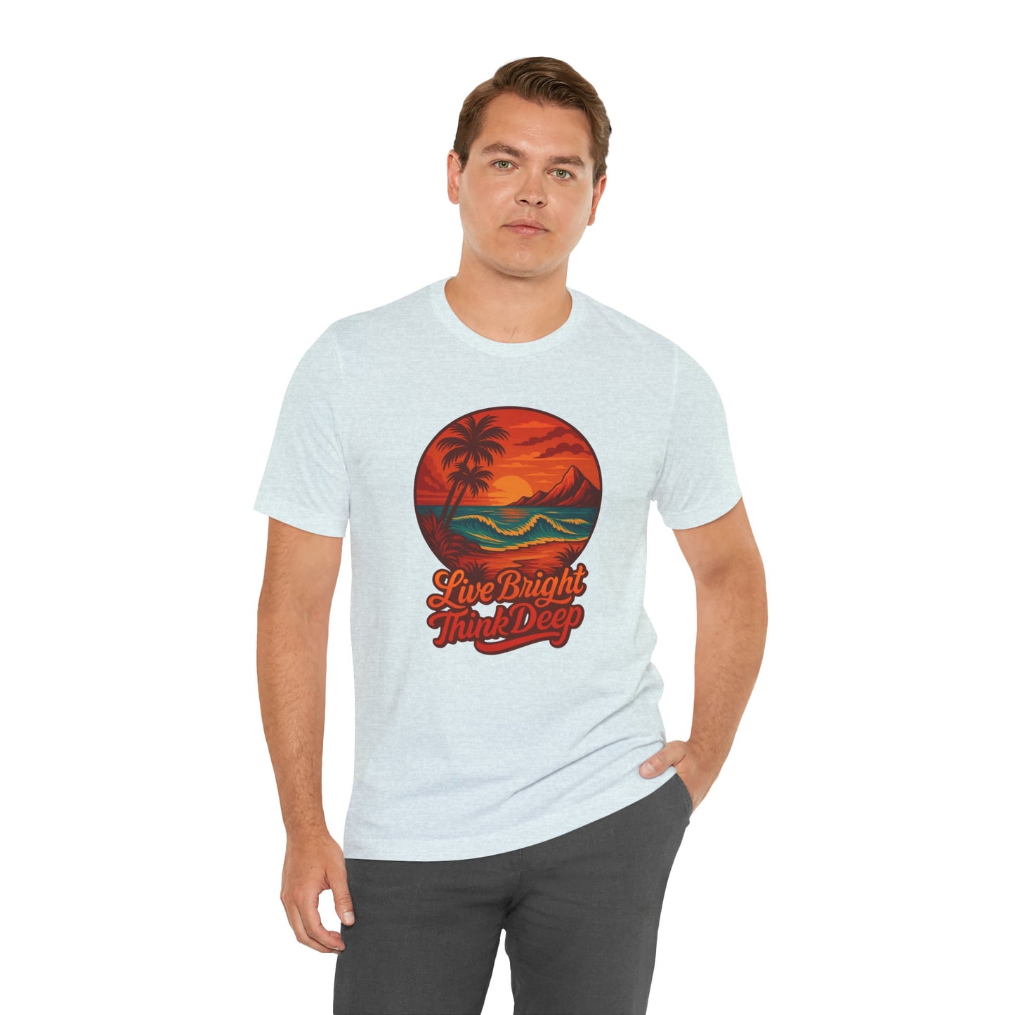 Retro Sunset Ocean Wave Graphic Tee - Live Bright Think Deep T-Shirt, Palm Tree Beach Shirt, Inspirational Typography, Unisex Bella Canvas