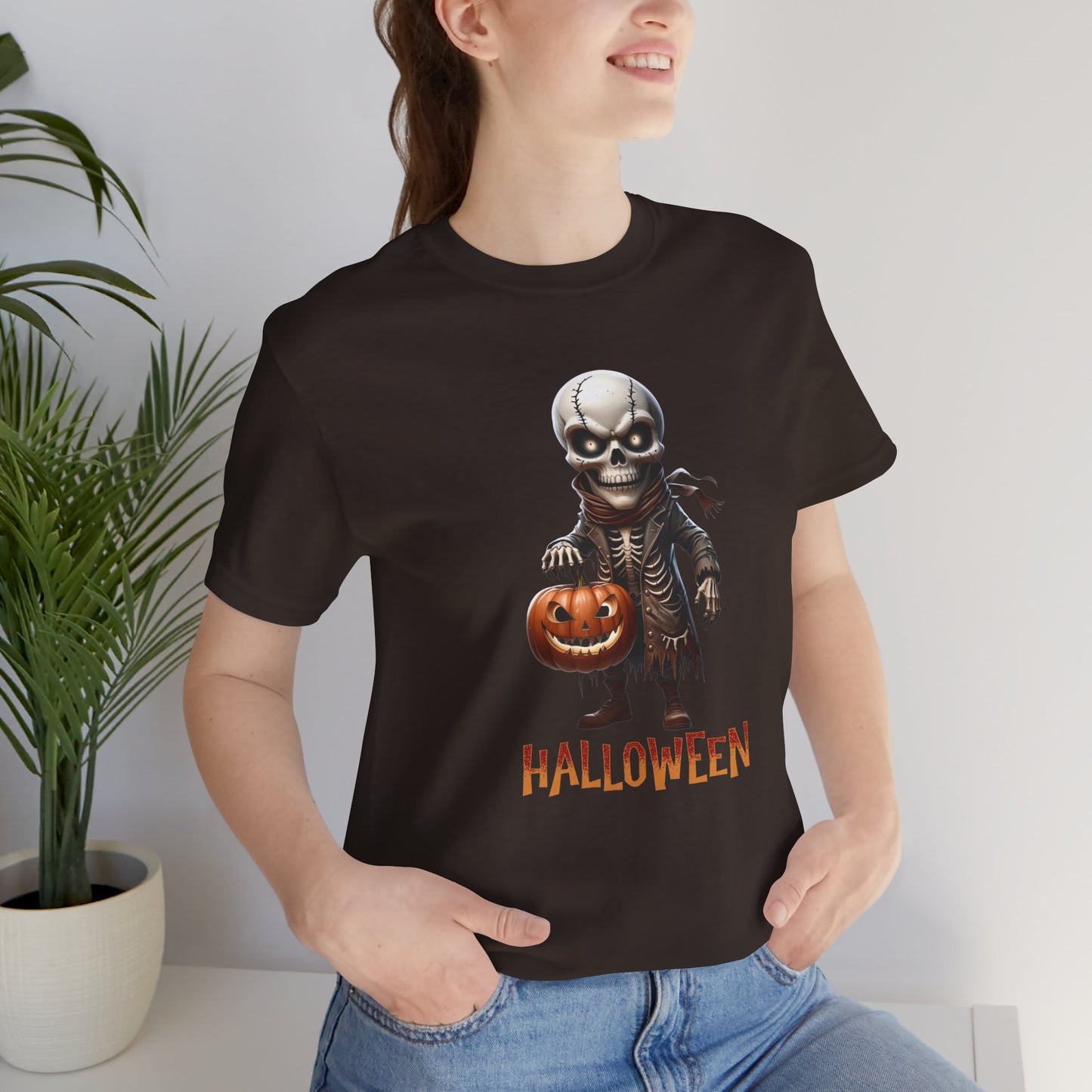Halloween Skeleton Shirt – Spooky Pumpkin Graphic Tee – Bella Canvas 3001 – Unisex Gothic Horror Costume T-Shirt