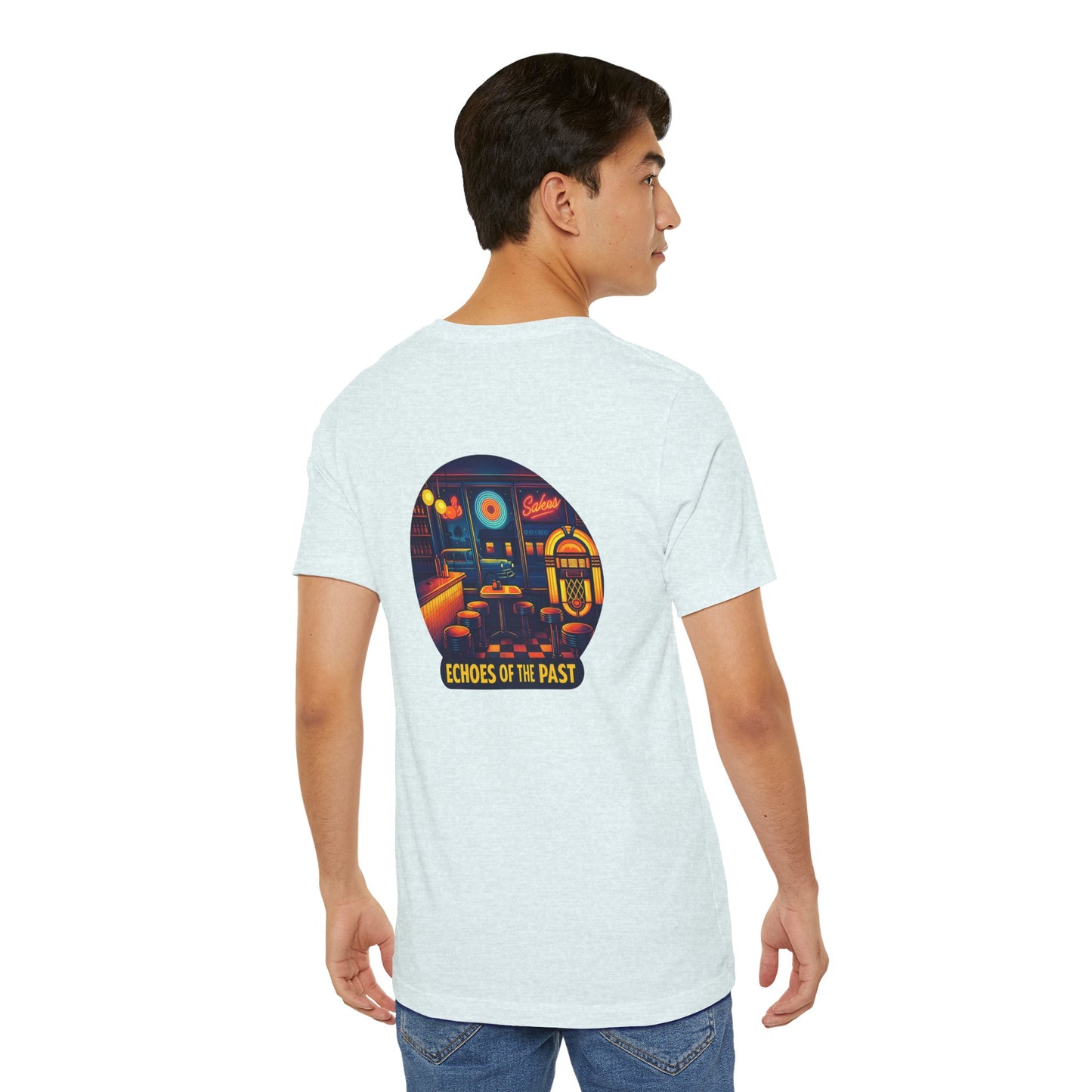 Echoes of the Past Retro Diner T-Shirt – Bella Canvas 3001 Unisex Vintage 80s Jukebox Neon Graphic Tee