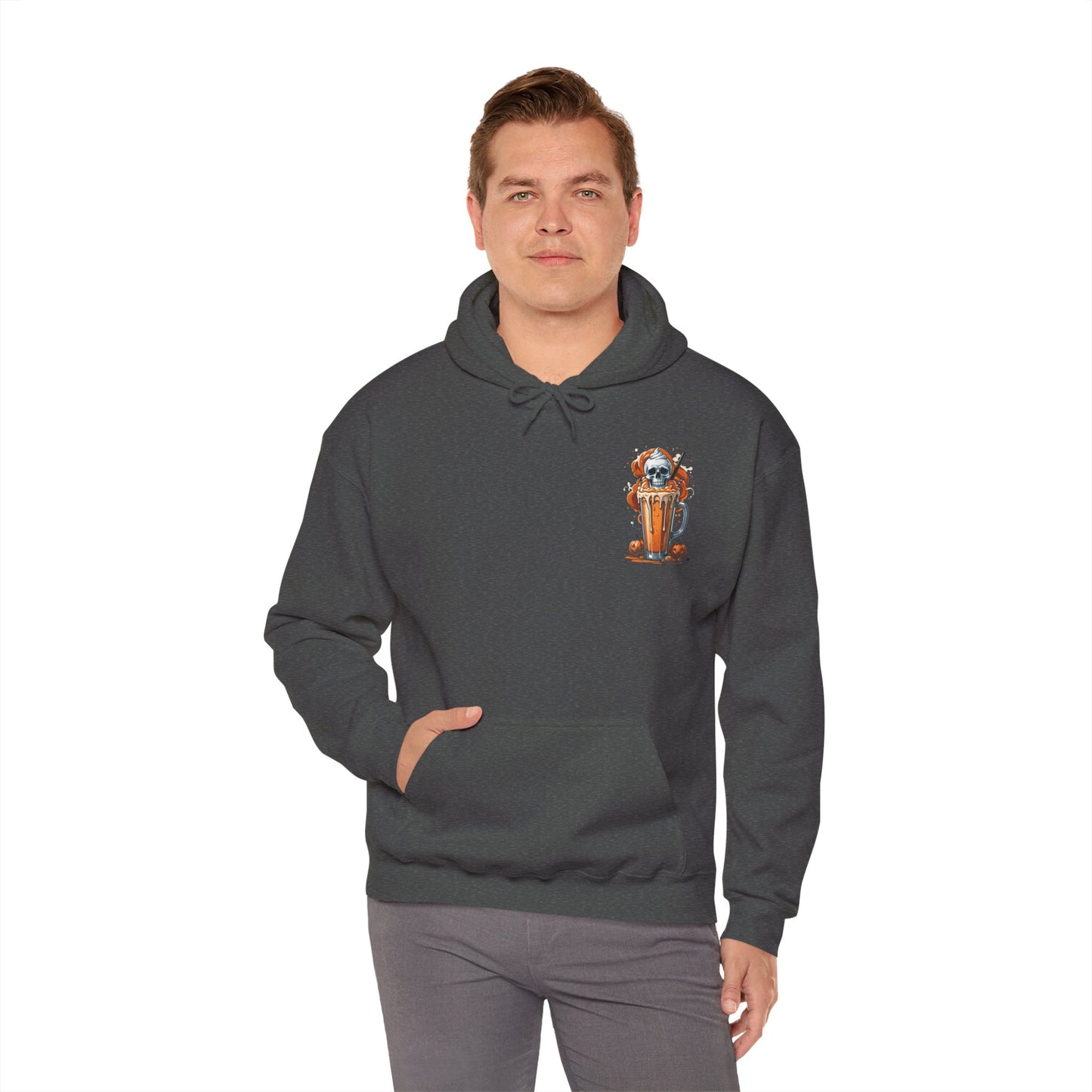 Halloween Skull Pumpkin Latte Hoodie – Spooky Fall Coffee Graphic Sweatshirt – Gildan 18500 Unisex Cozy Autumn Hoodie