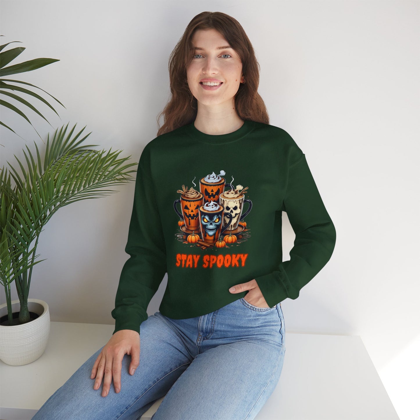 "Stay Spooky Halloween Coffee Cup Sweatshirt – Cozy Gildan Crewneck for Fall & Pumpkin Lovers"